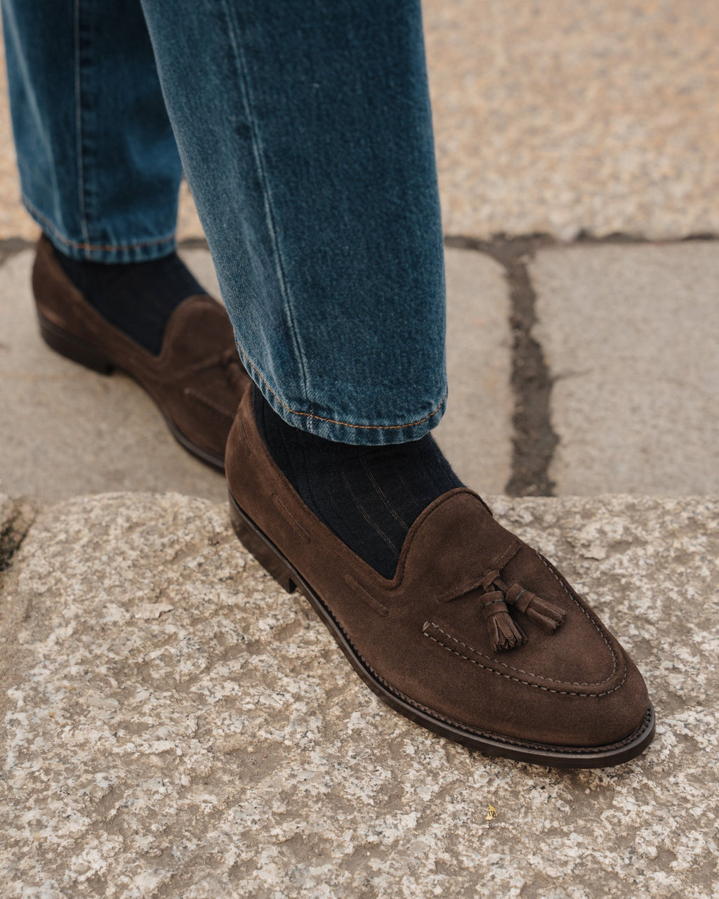 Castello | Tassel Loafer - Dark Brown Suede Leather with Classic Stitching and Leather Sole