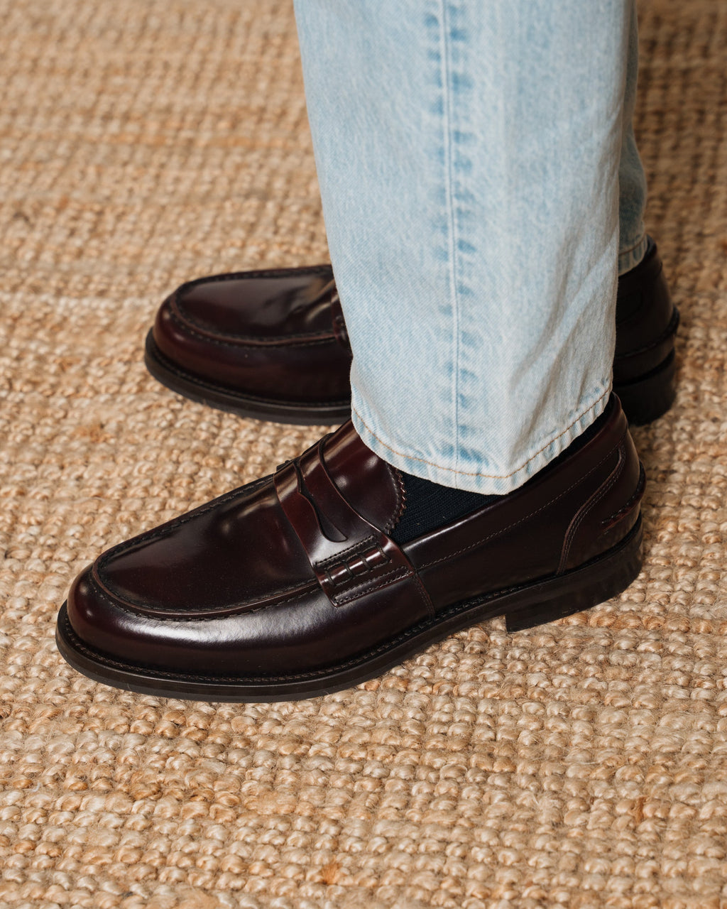 Valentino | Heritage Penny Loafer – Burgundy Brown Smooth Abraded Leather with Premium Leather Sole & Signature Stitch Accents