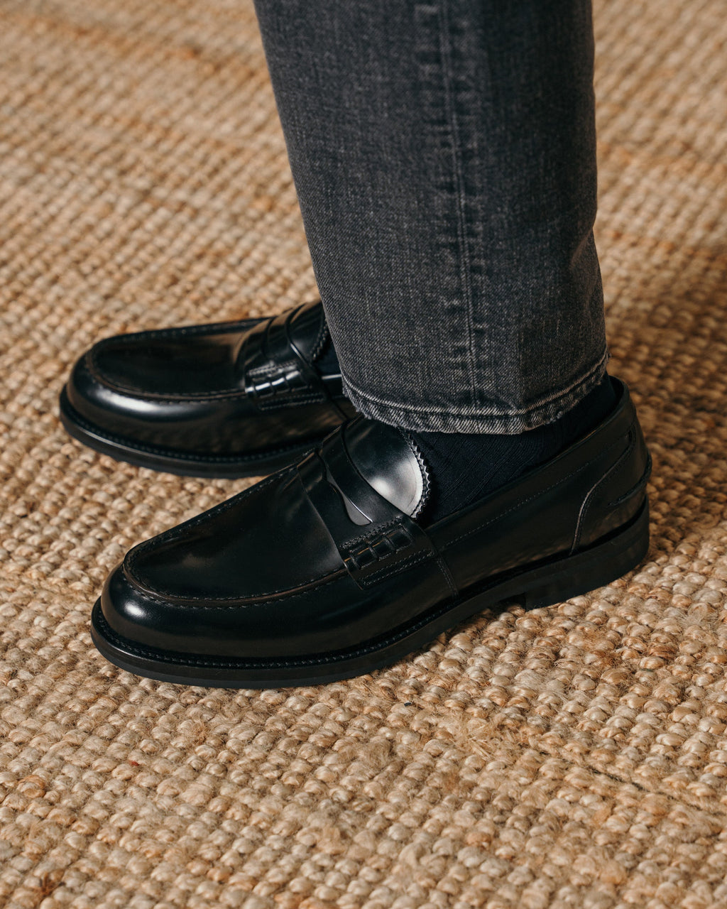 Valentino | Heritage Penny Loafer – Black Smooth AbradedLeather with Premium Leather Sole & Signature Stitch Accents
