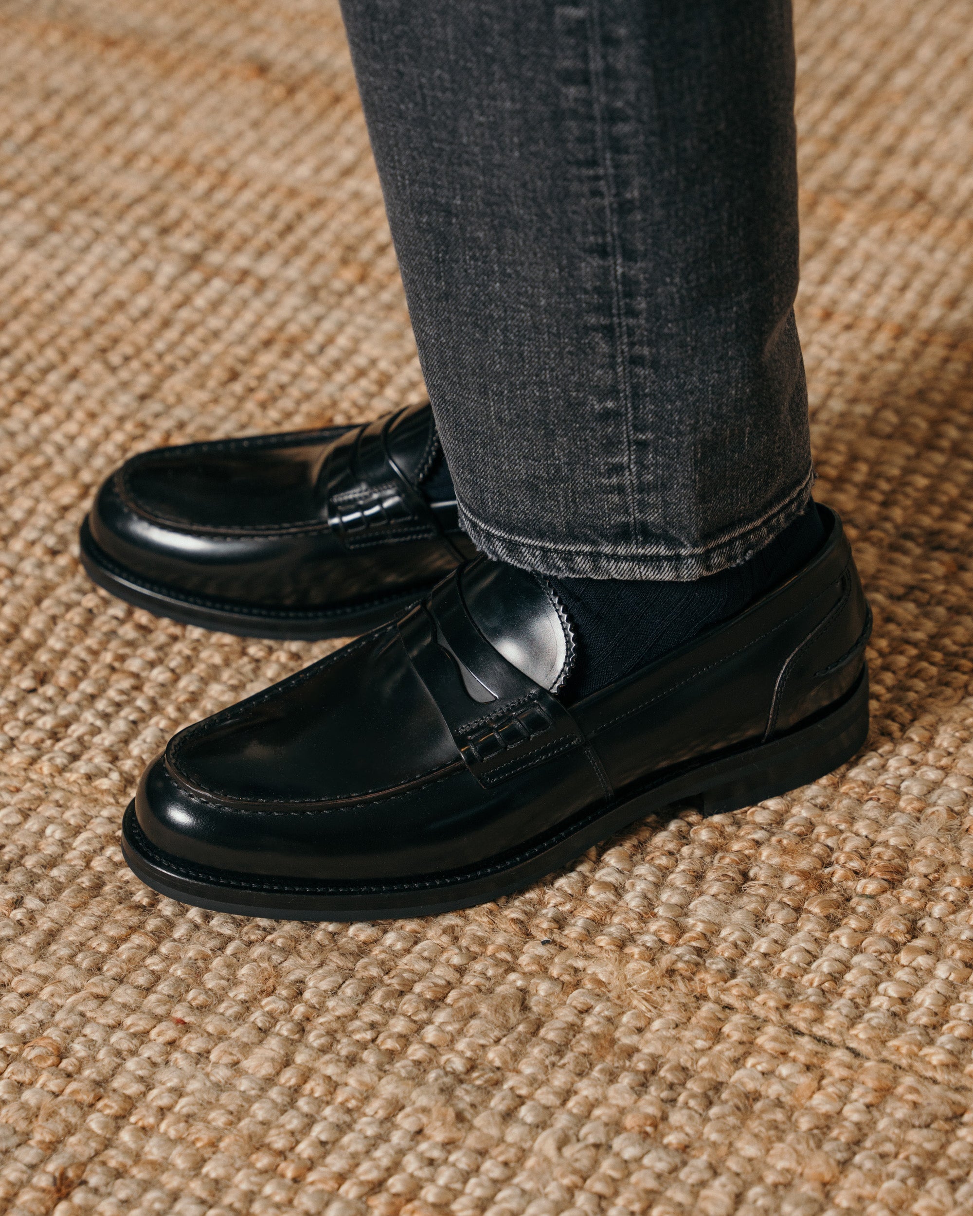 Valentino | Heritage Penny Loafer – Black Smooth AbradedLeather with Premium Leather Sole & Signature Stitch Accents