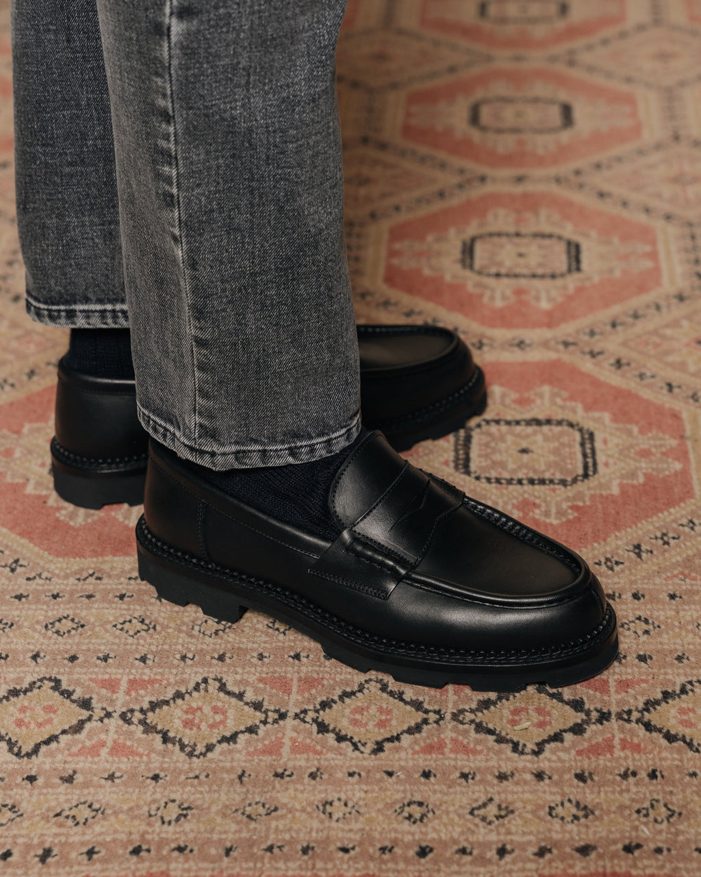 Montclair | Penny Loafer – Black Leather with Rubber Lug Sole & Fine Stitching