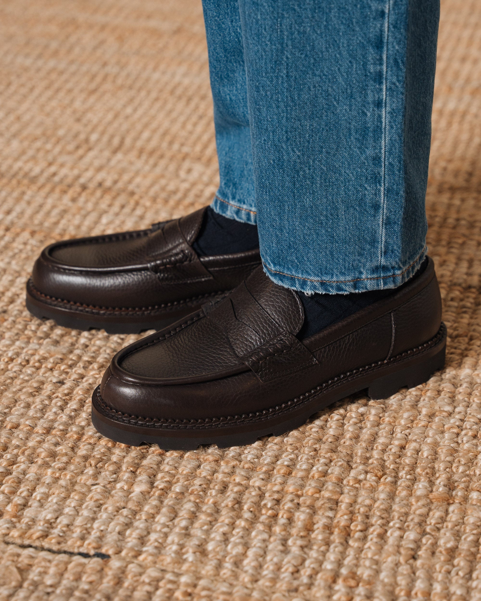 Montclair | Penny Loafer – Dark Brown Milled Leather with Rubber Lug Sole & Fine Stitching