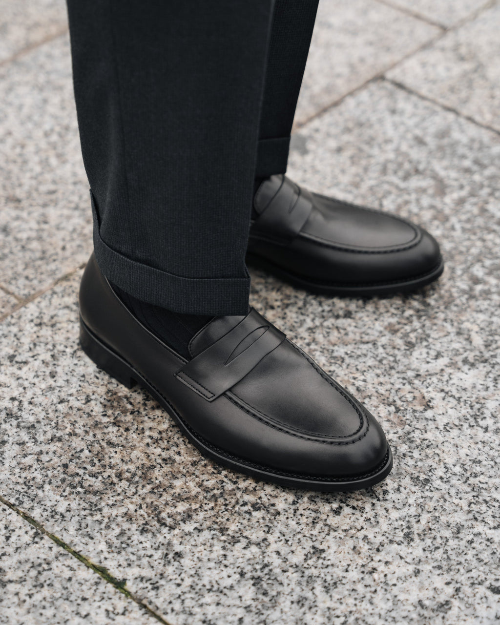 Strider | Penny Loafer – Black Leather with Leather Sole & Blake-Rapid Construction