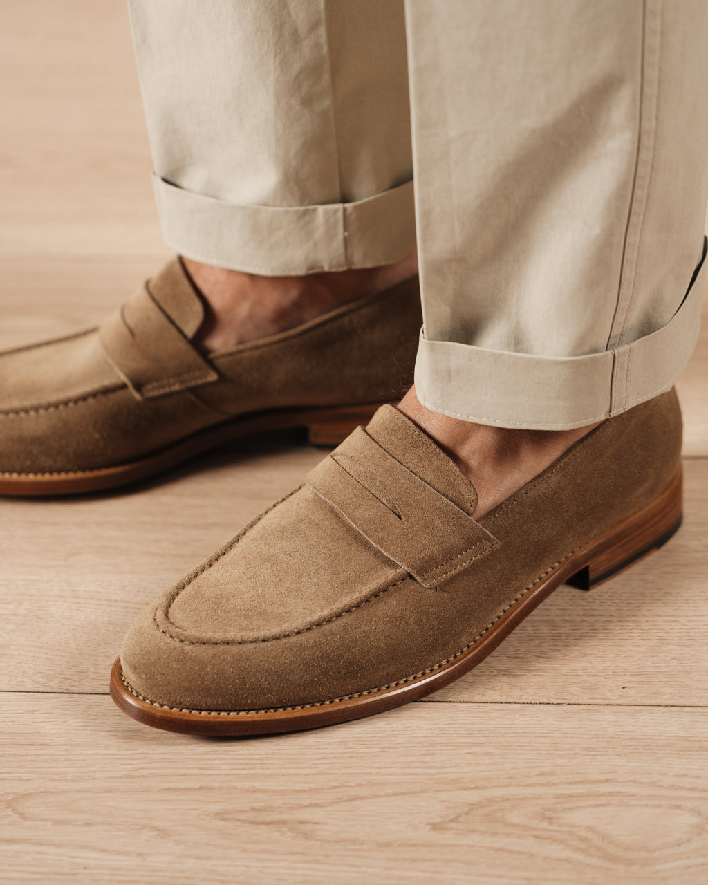 Strider | Penny Loafer – Sand Suede with Leather Sole & Blake-Rapid Construction