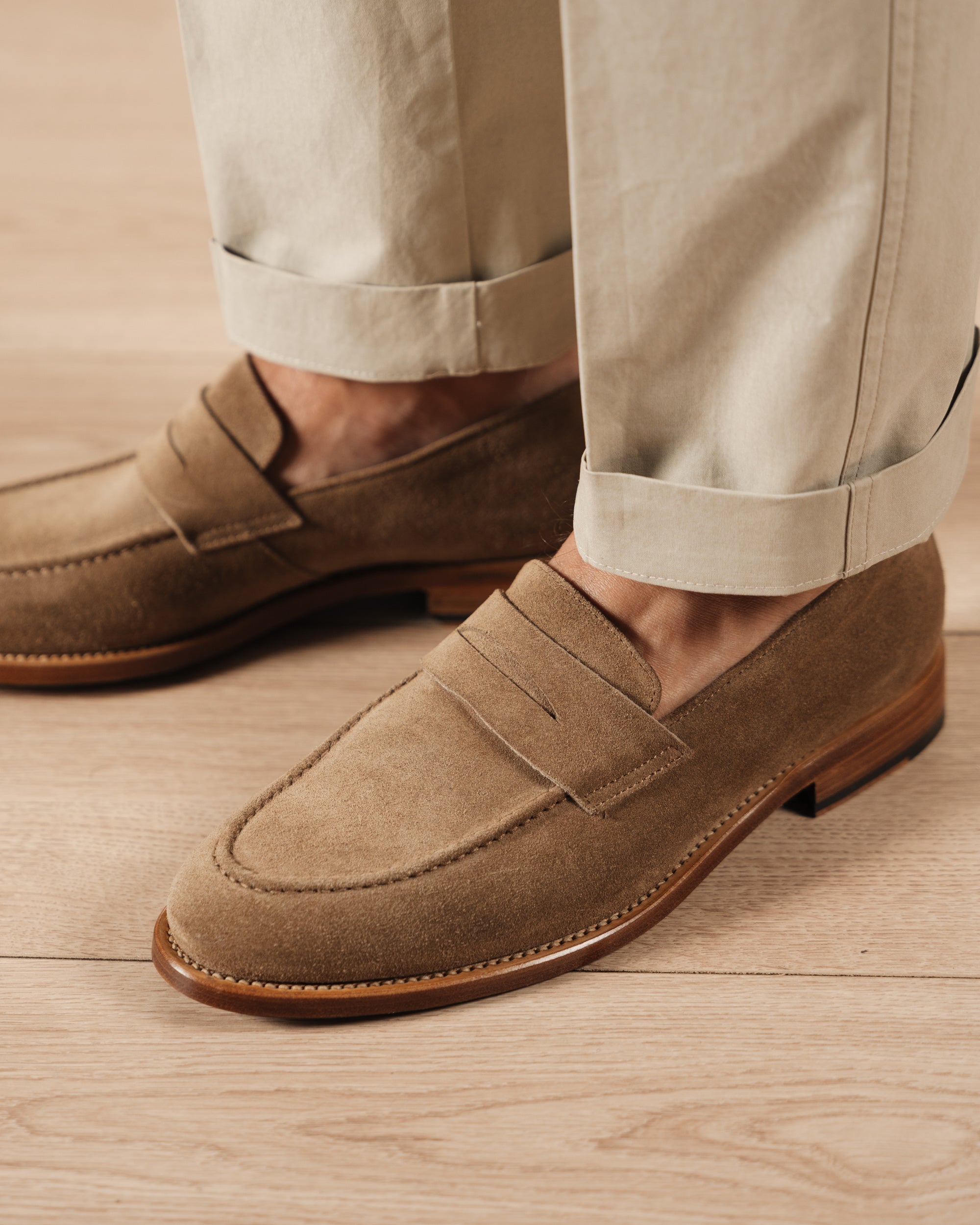 Strider | Penny Loafer – Sand Suede with Leather Sole & Blake-Rapid Construction