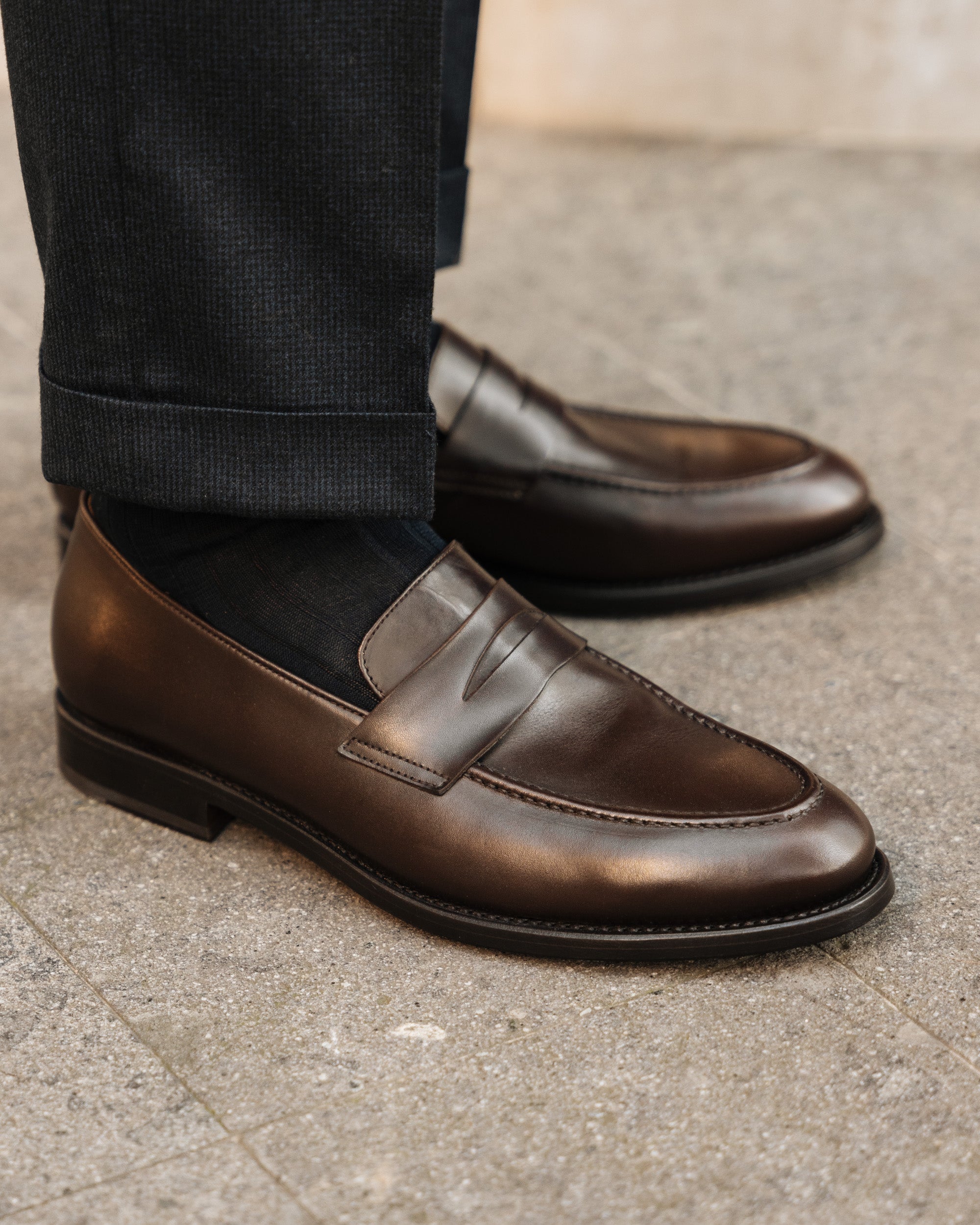 Strider | Penny Loafer – Dark Brown Leather with Leather Sole & Blake-Rapid Construction