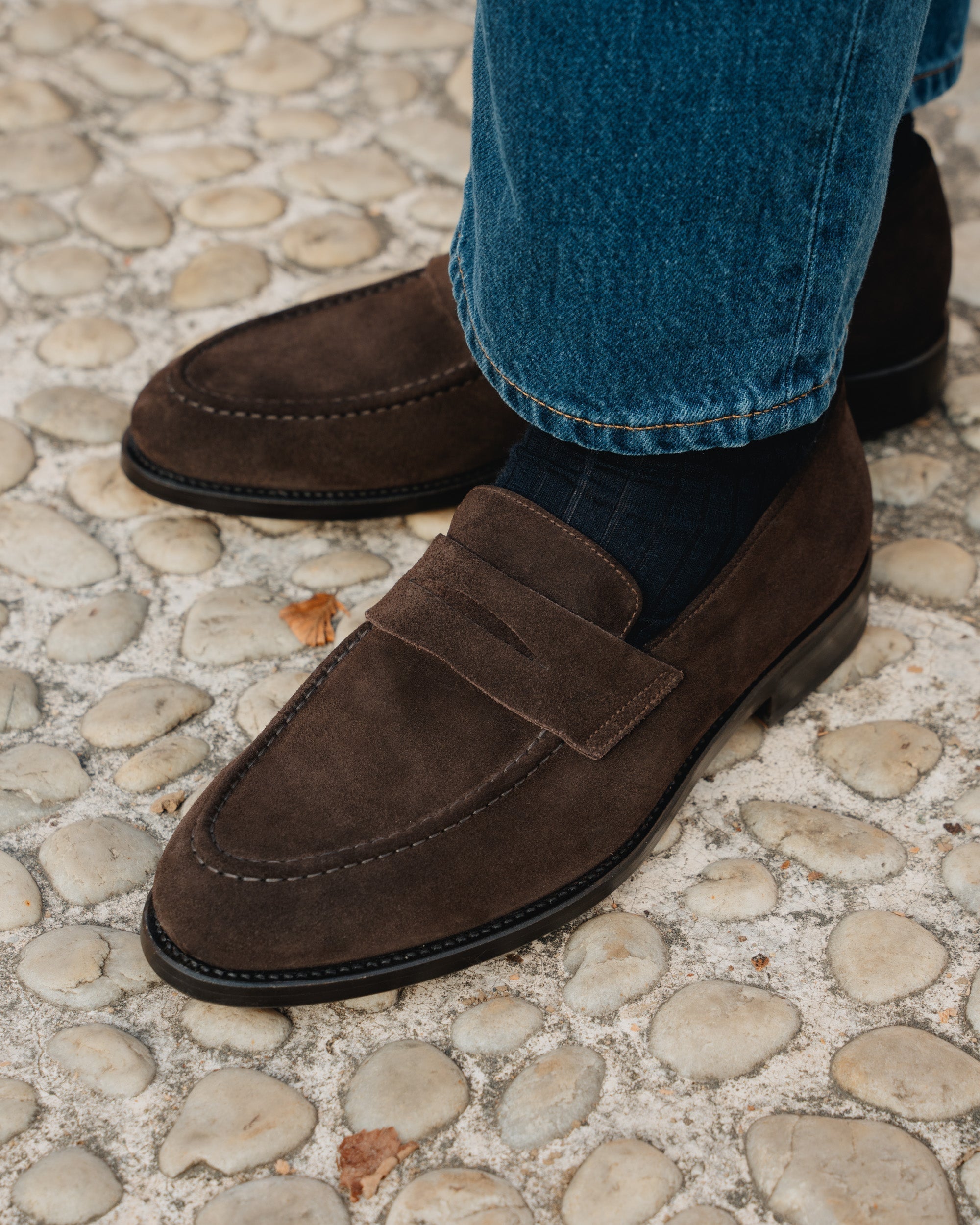 Strider | Penny Loafer – Dark Brown Suede with Leather Sole & Blake-Rapid Construction
