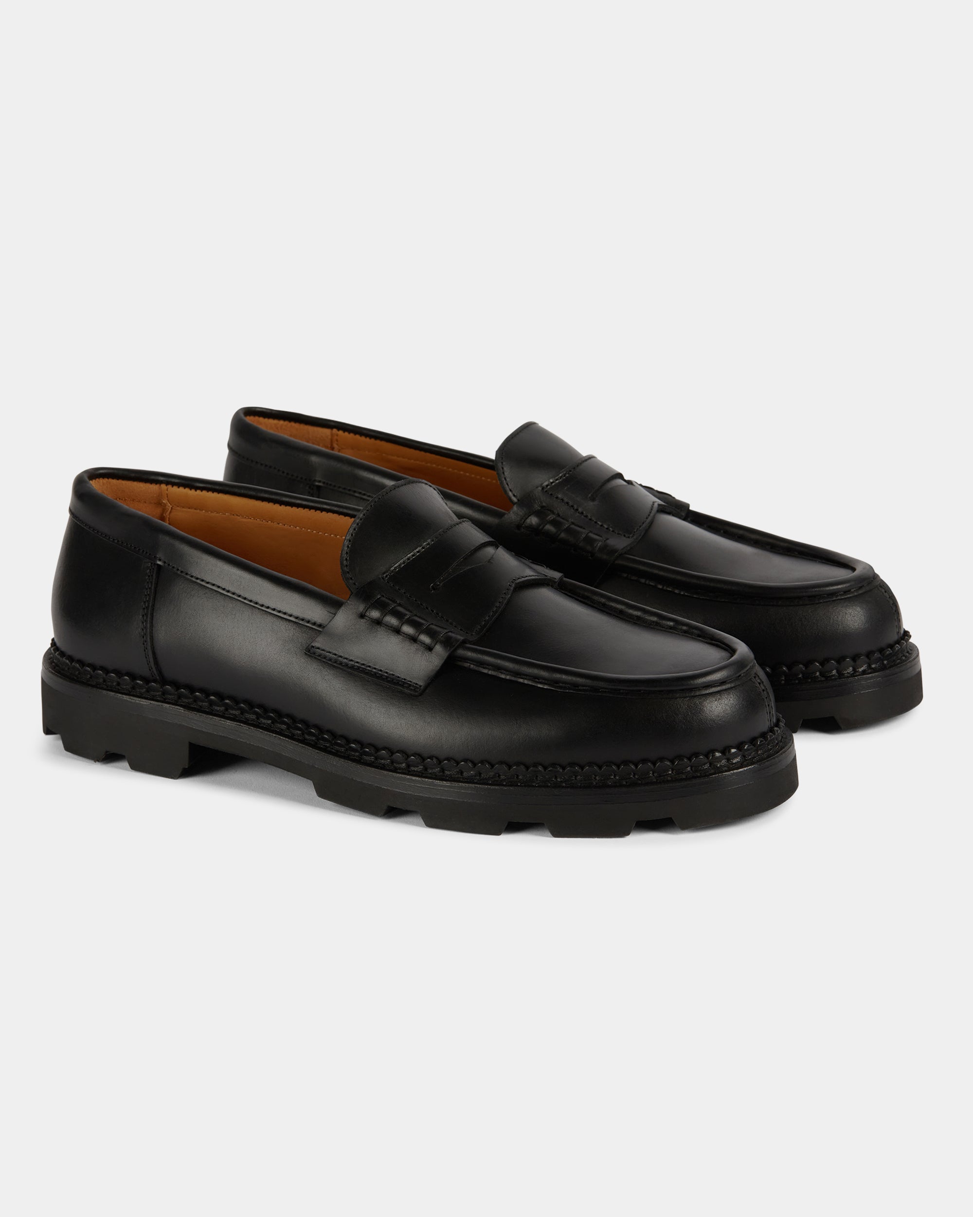 Montclair | Penny Loafer – Black Leather with Rubber Lug Sole & Fine Stitching