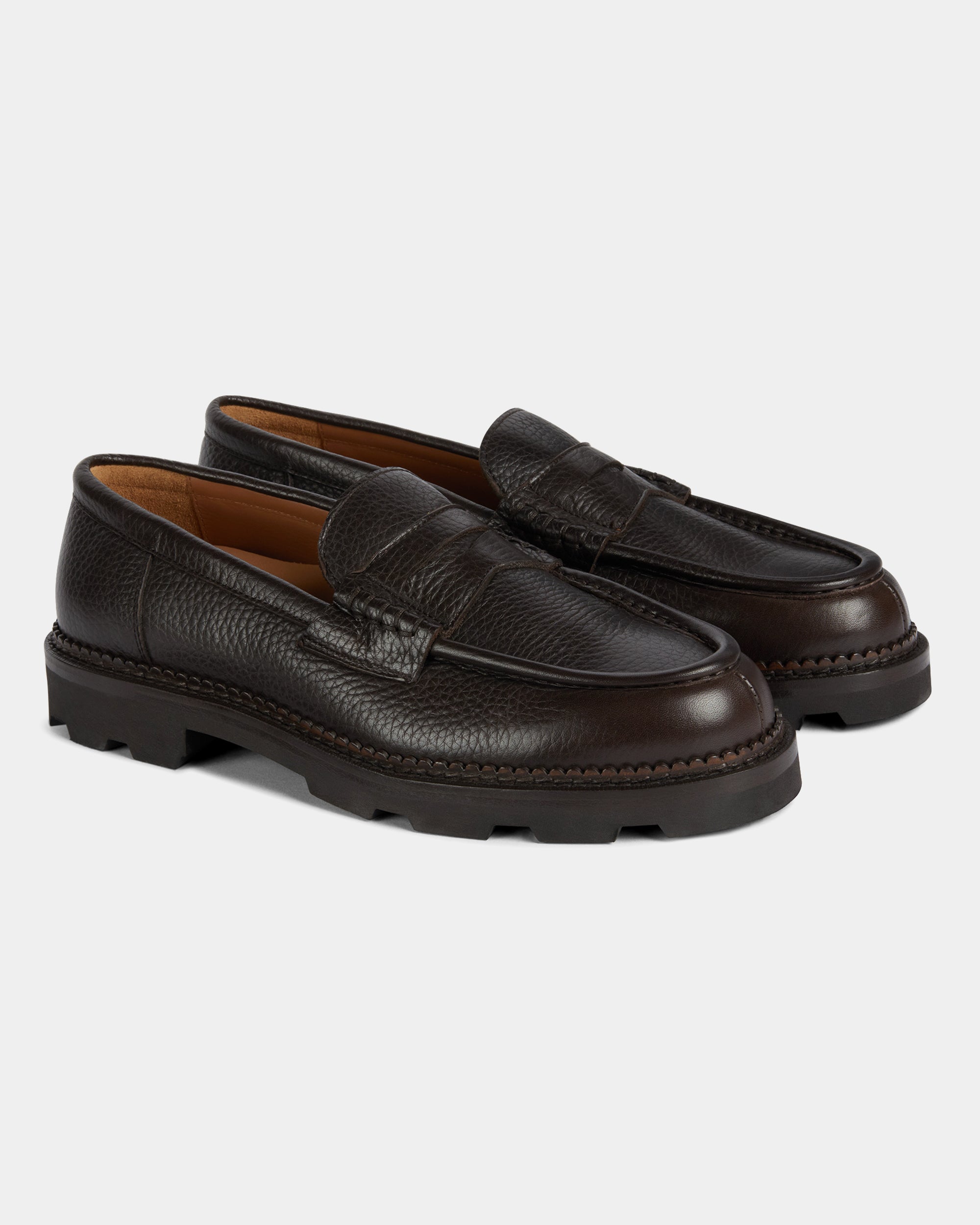 Montclair | Penny Loafer – Dark Brown Milled Leather with Rubber Lug Sole & Fine Stitching