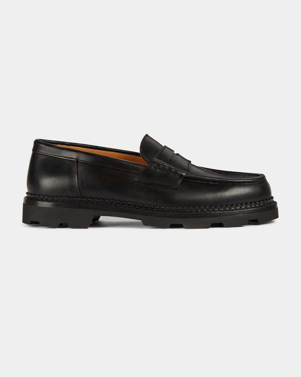 Montclair | Penny Loafer – Black Leather with Rubber Lug Sole & Fine Stitching
