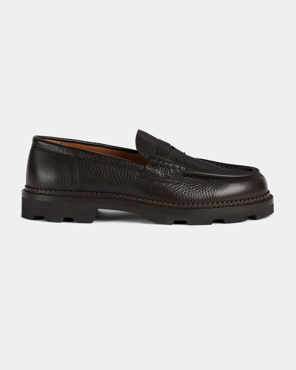 Montclair | Penny Loafer – Dark Brown Milled Leather with Rubber Lug Sole & Fine Stitching