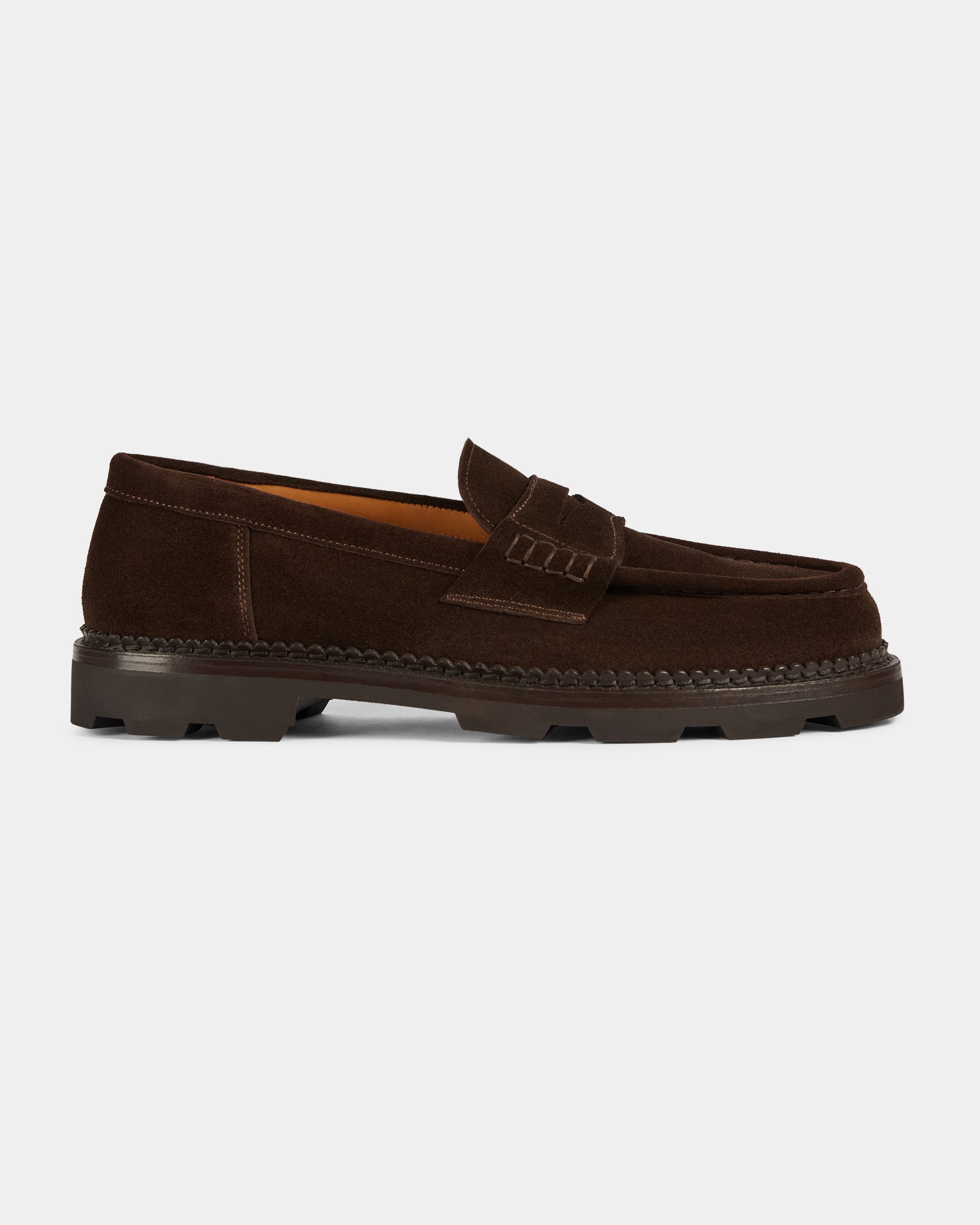 Montclair | Penny Loafer – Dark Brown Suede Leather with Rubber Lug Sole & Fine Stitching