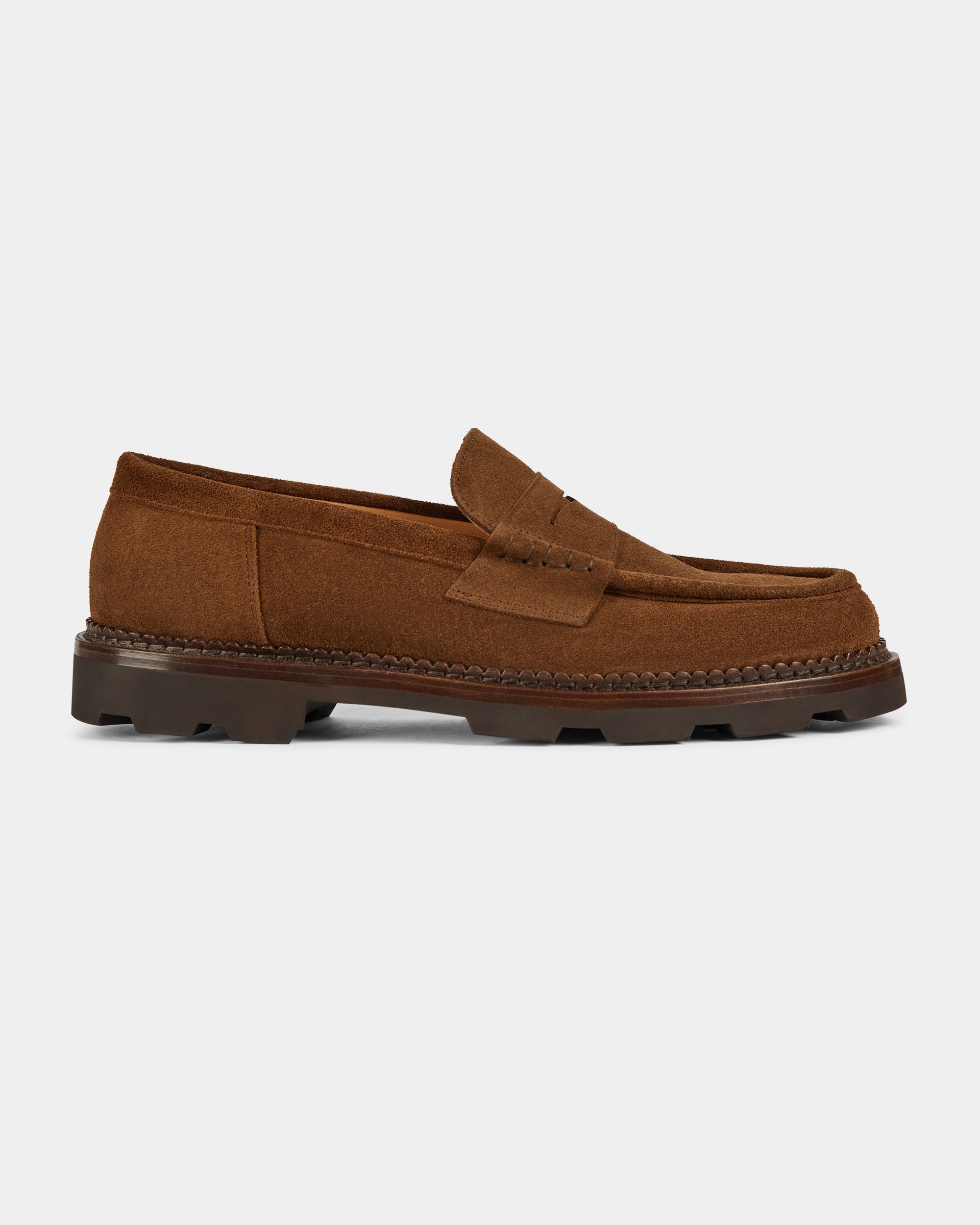Montclair | Penny Loafer – Rich Tobacco Brown Suede Leather with Rubber Lug Sole & Fine Stitching