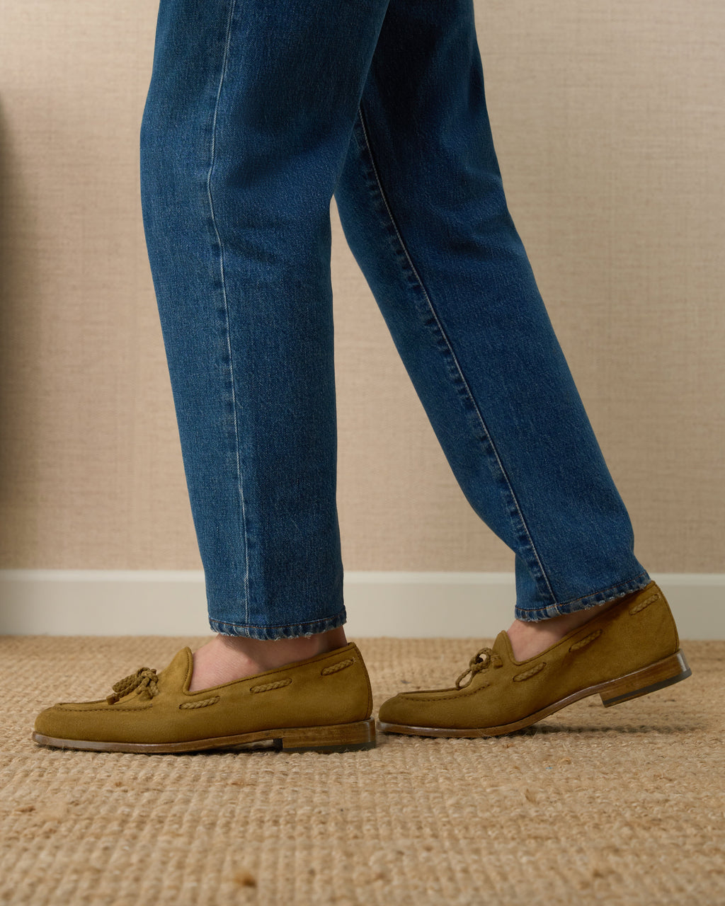 Aristo | Belgian Tassel Loafer – Luxe Beige Washed Suede with Leather Sole & Double Cushioning