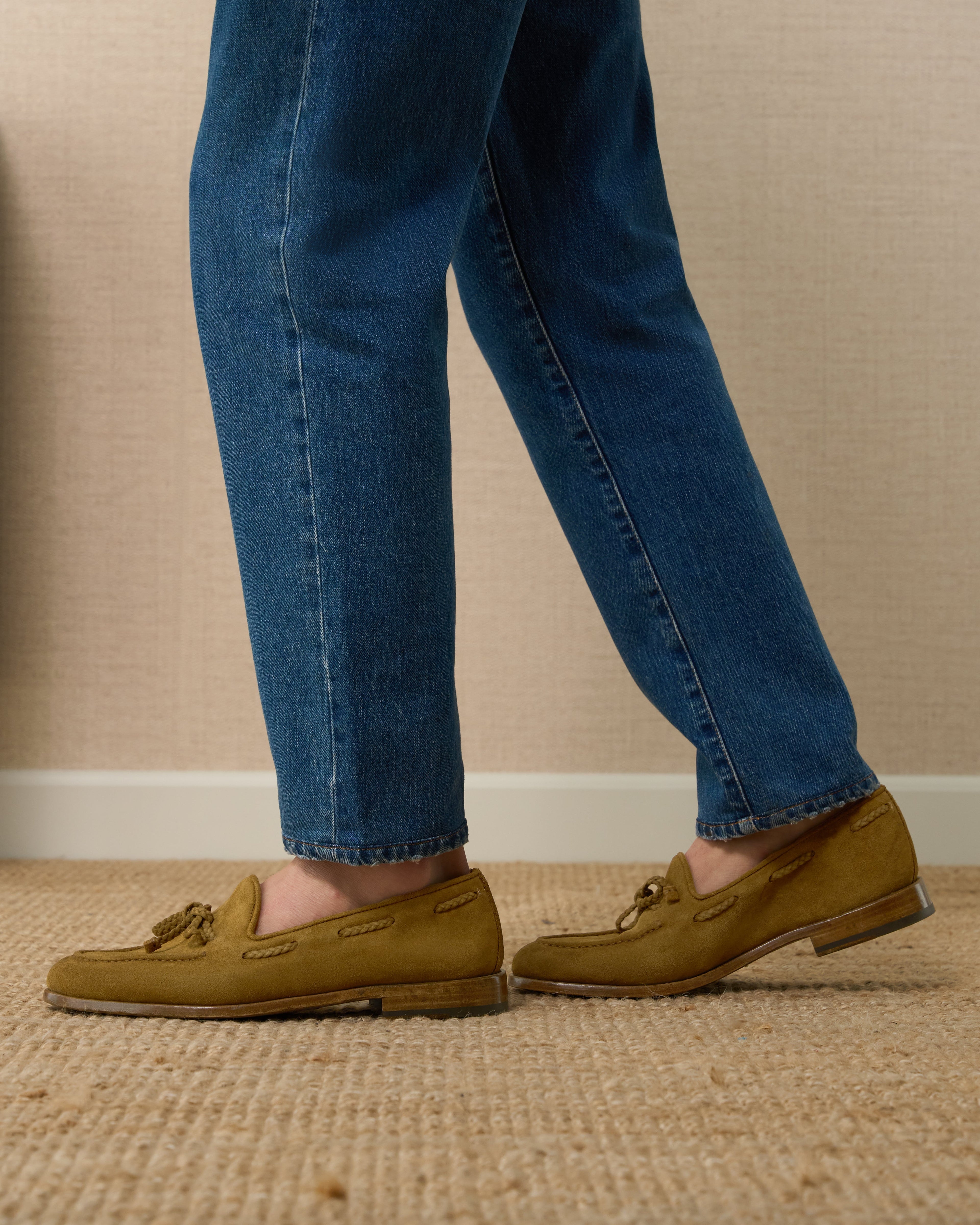 Aristo | Belgian Tassel Loafer – Luxe Beige Washed Suede with Leather Sole & Double Cushioning
