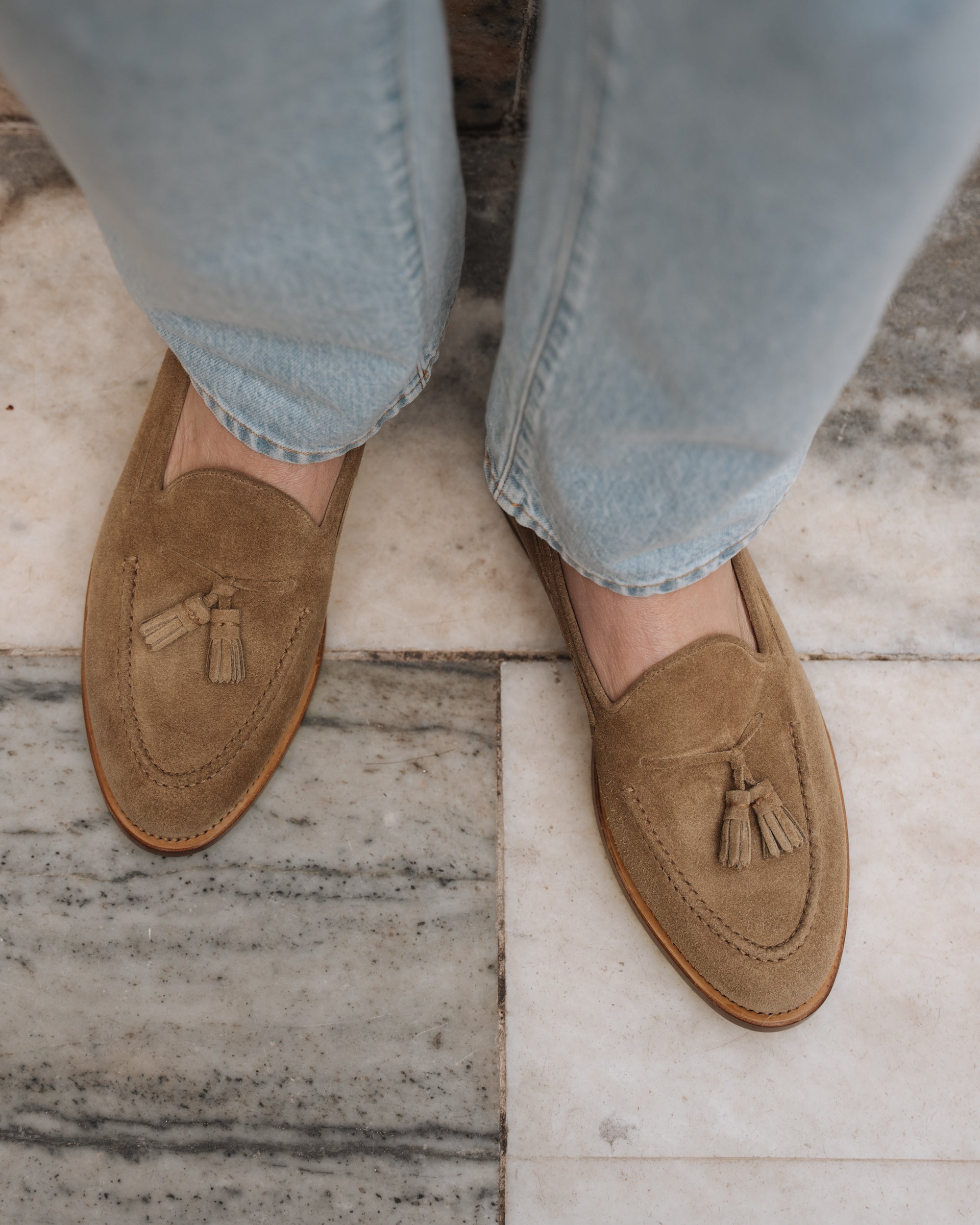 Castello | Tassel Loafer - Sand Beige Suede Leather with Classic Stitching and Leather Sole