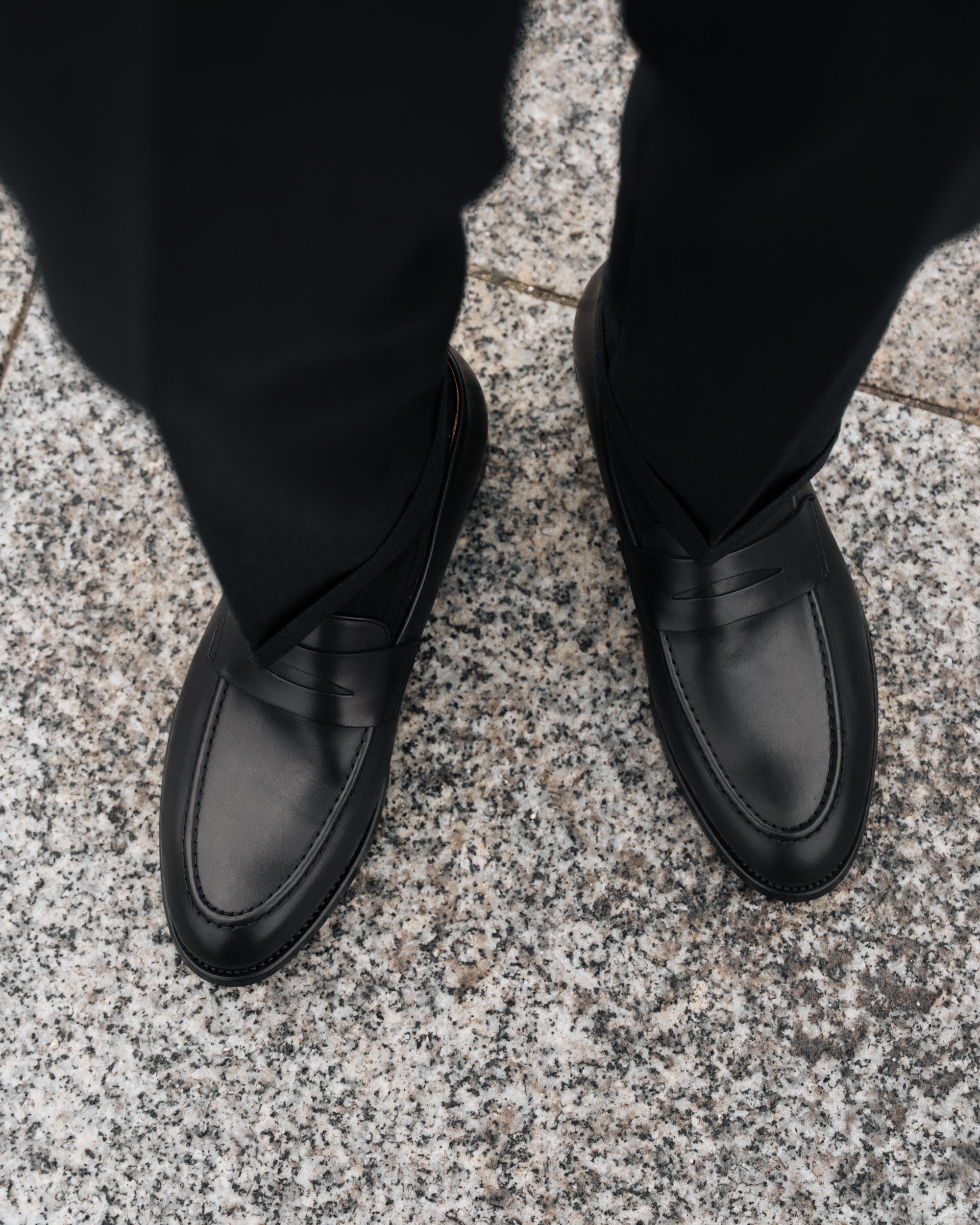 Strider | Penny Loafer – Black Leather with Leather Sole & Blake-Rapid Construction