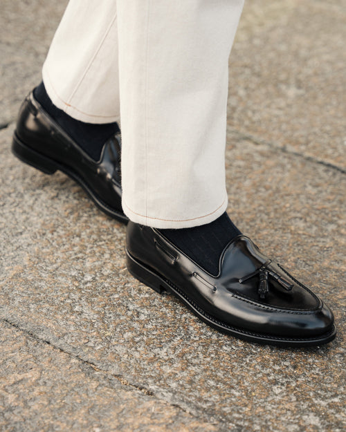 Castello | Tassel Loafer - Black Smooth Leather with Classic Stitching and Leather Sole