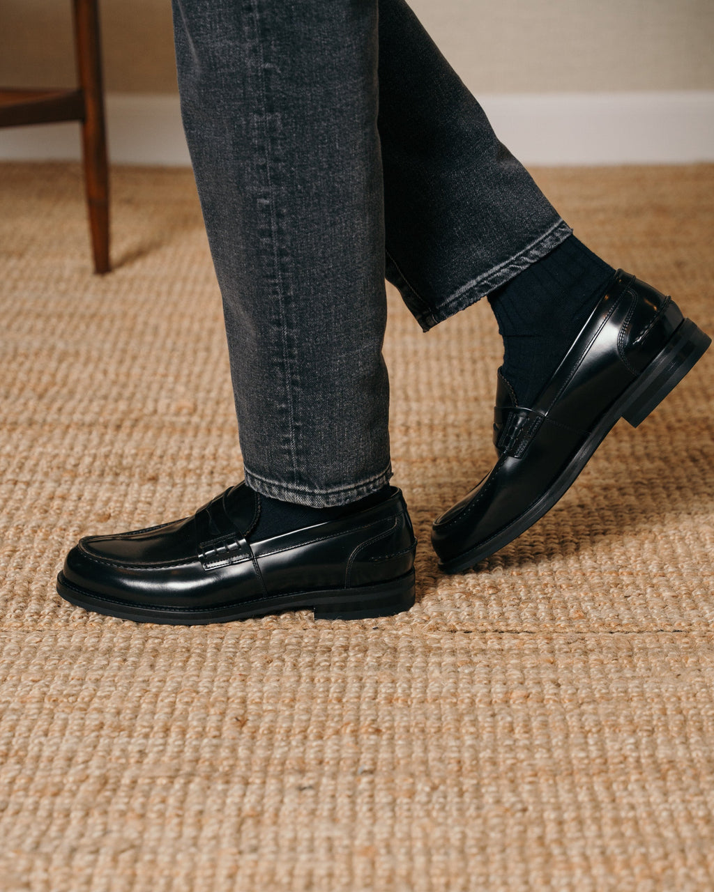 Valentino | Heritage Penny Loafer – Black Smooth AbradedLeather with Premium Leather Sole & Signature Stitch Accents