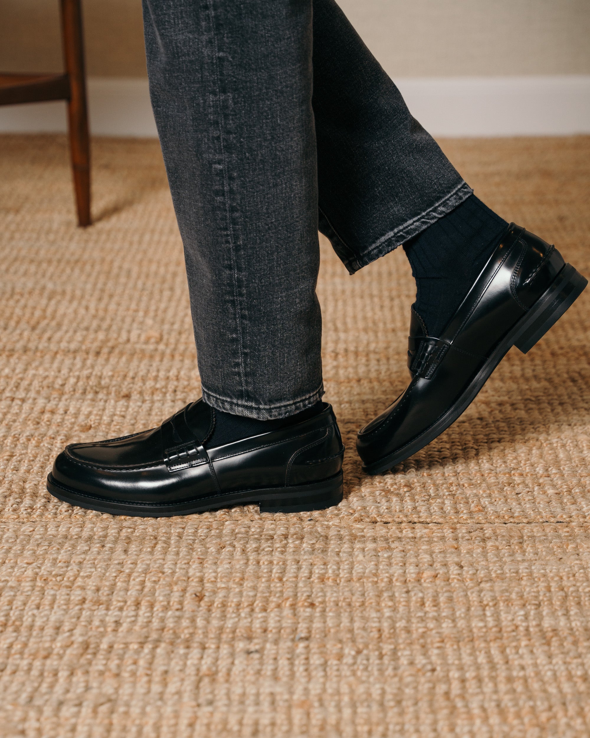 Valentino | Heritage Penny Loafer – Black Smooth AbradedLeather with Premium Leather Sole & Signature Stitch Accents