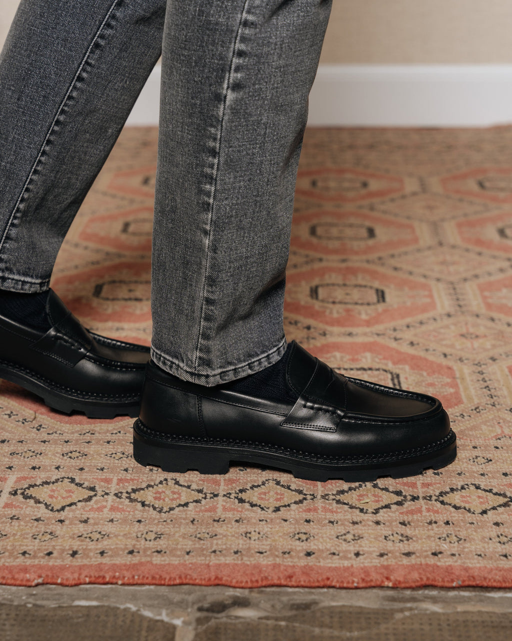 Montclair | Penny Loafer – Black Leather with Rubber Lug Sole & Fine Stitching