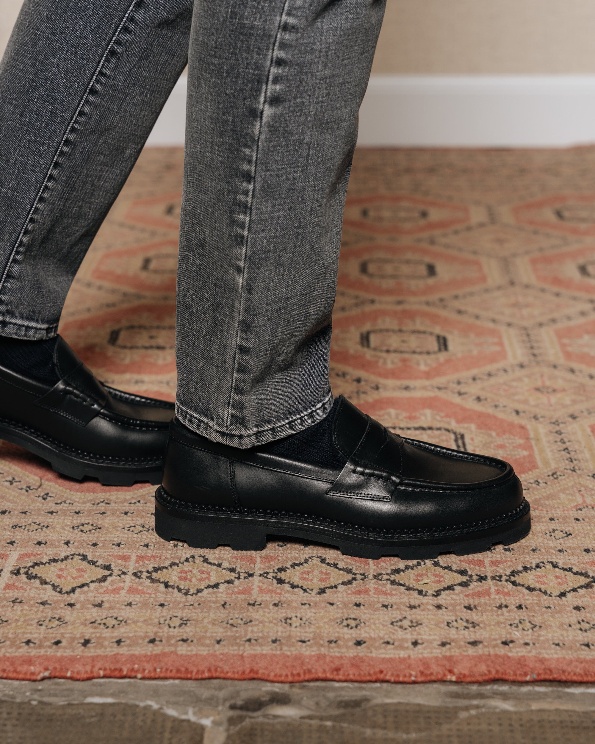 Montclair | Penny Loafer – Black Leather with Rubber Lug Sole & Fine Stitching