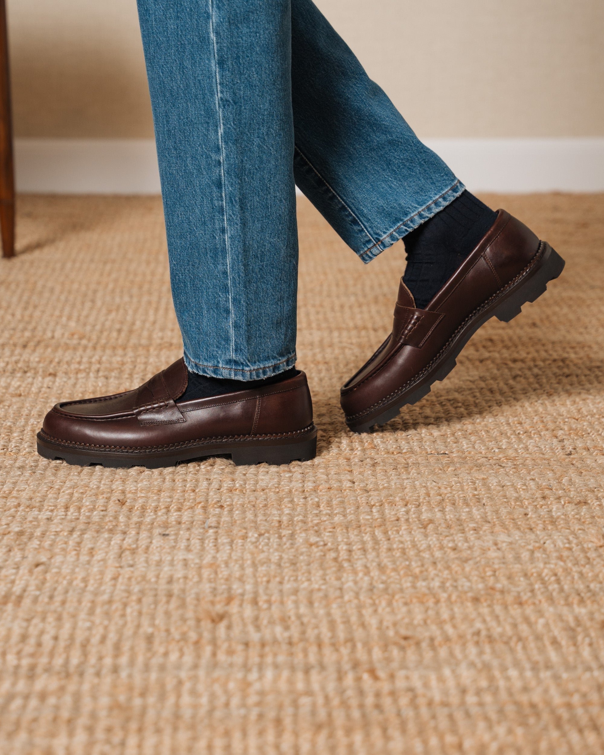 Montclair | Penny Loafer – Dark Brown Leather with Rubber Lug Sole & Fine Stitching