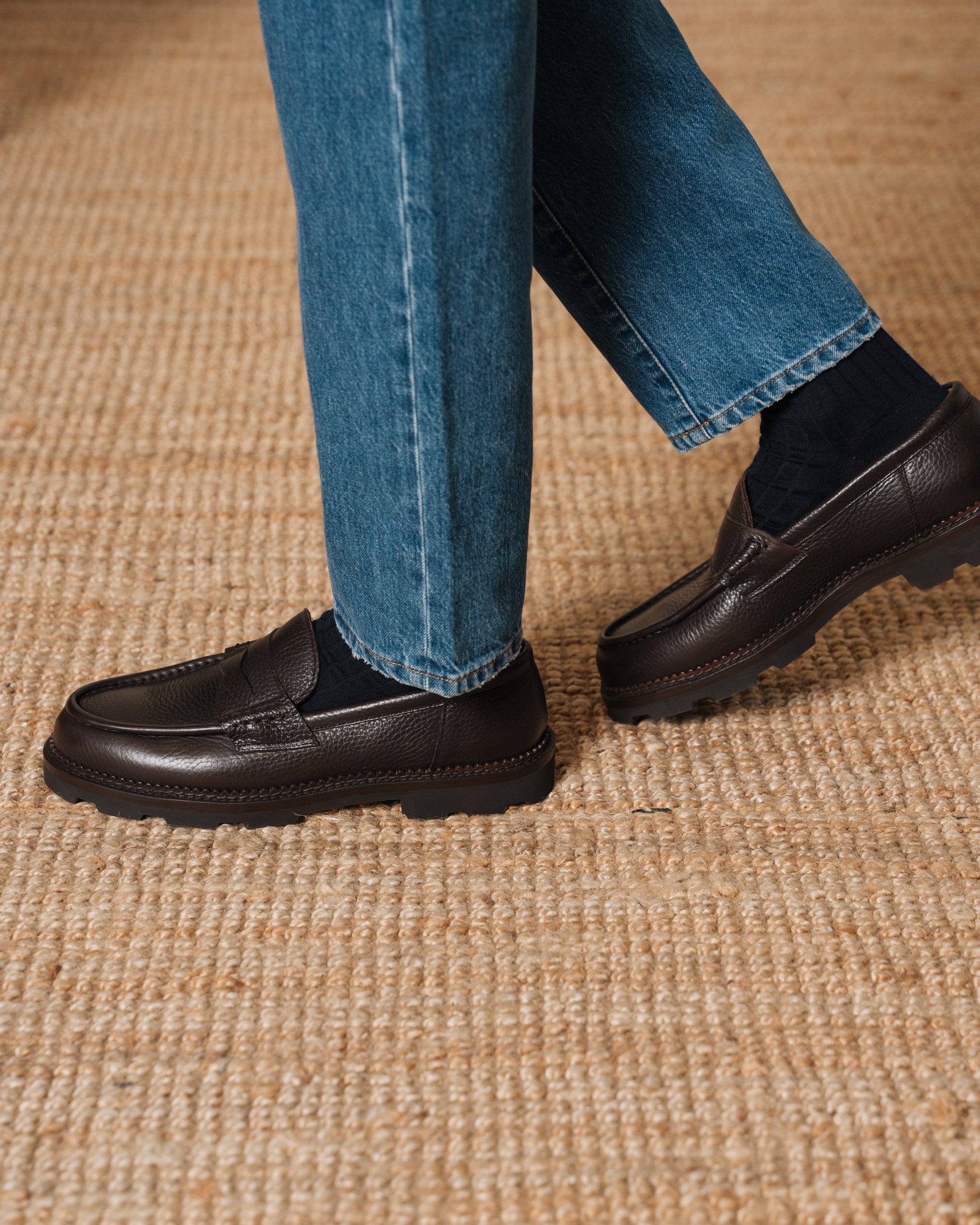 Montclair | Penny Loafer – Dark Brown Milled Leather with Rubber Lug Sole & Fine Stitching