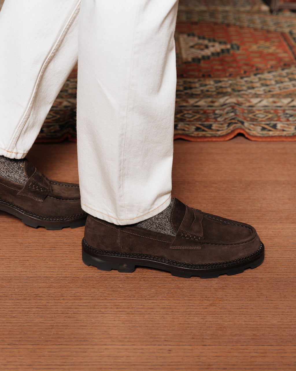 Montclair | Penny Loafer – Dark Brown Suede Leather with Rubber Lug Sole & Fine Stitching