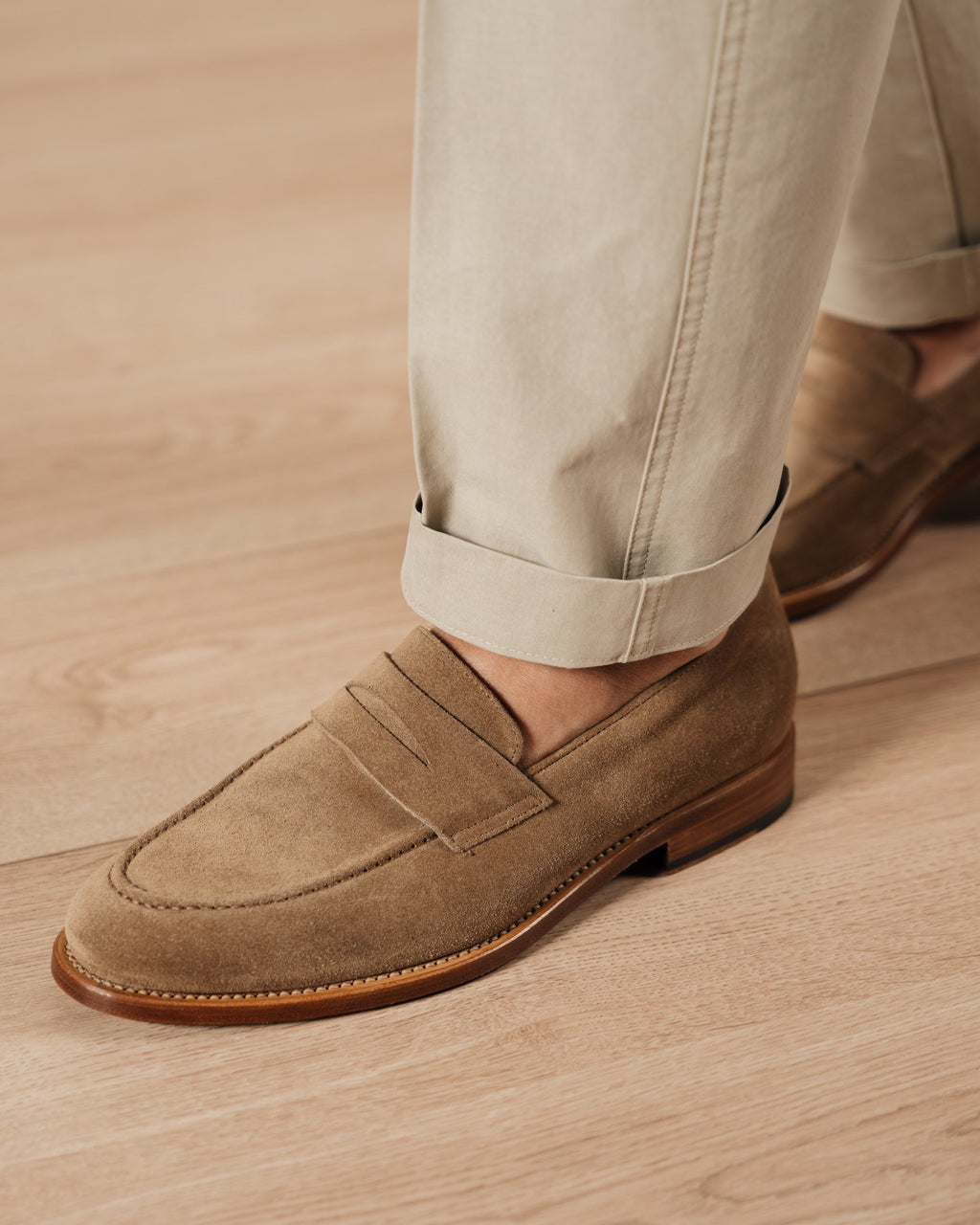 Strider | Penny Loafer – Sand Suede with Leather Sole & Blake-Rapid Construction