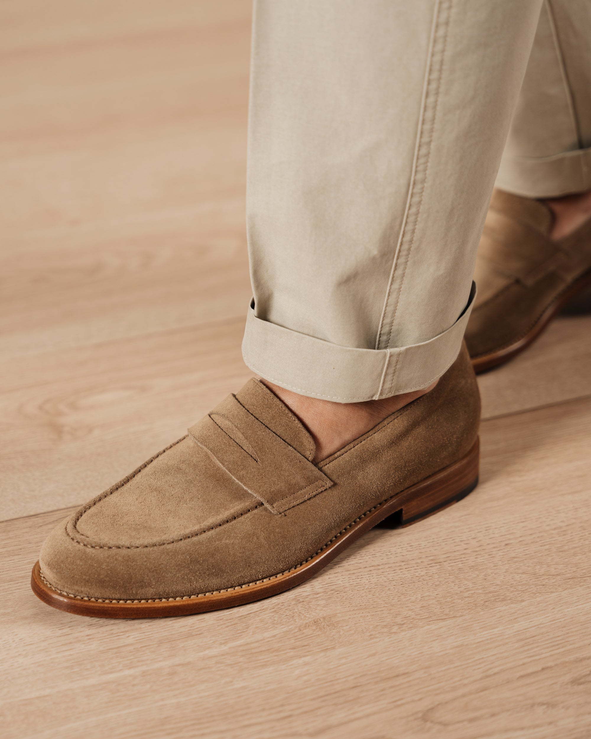 Strider | Penny Loafer – Sand Suede with Leather Sole & Blake-Rapid Construction