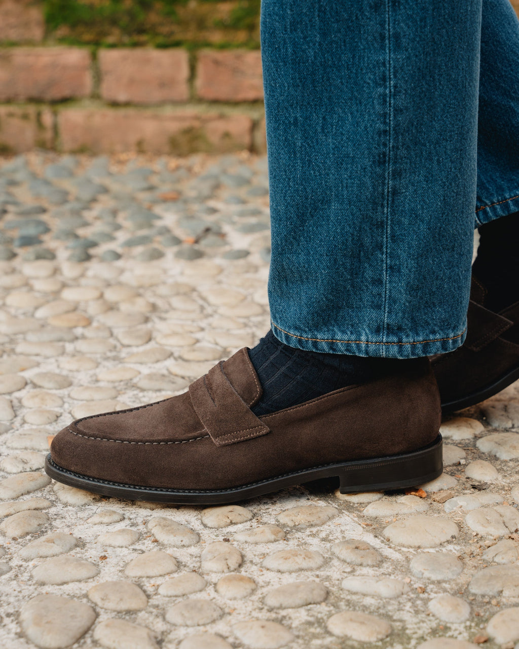 Strider | Penny Loafer – Dark Brown Suede with Leather Sole & Blake-Rapid Construction