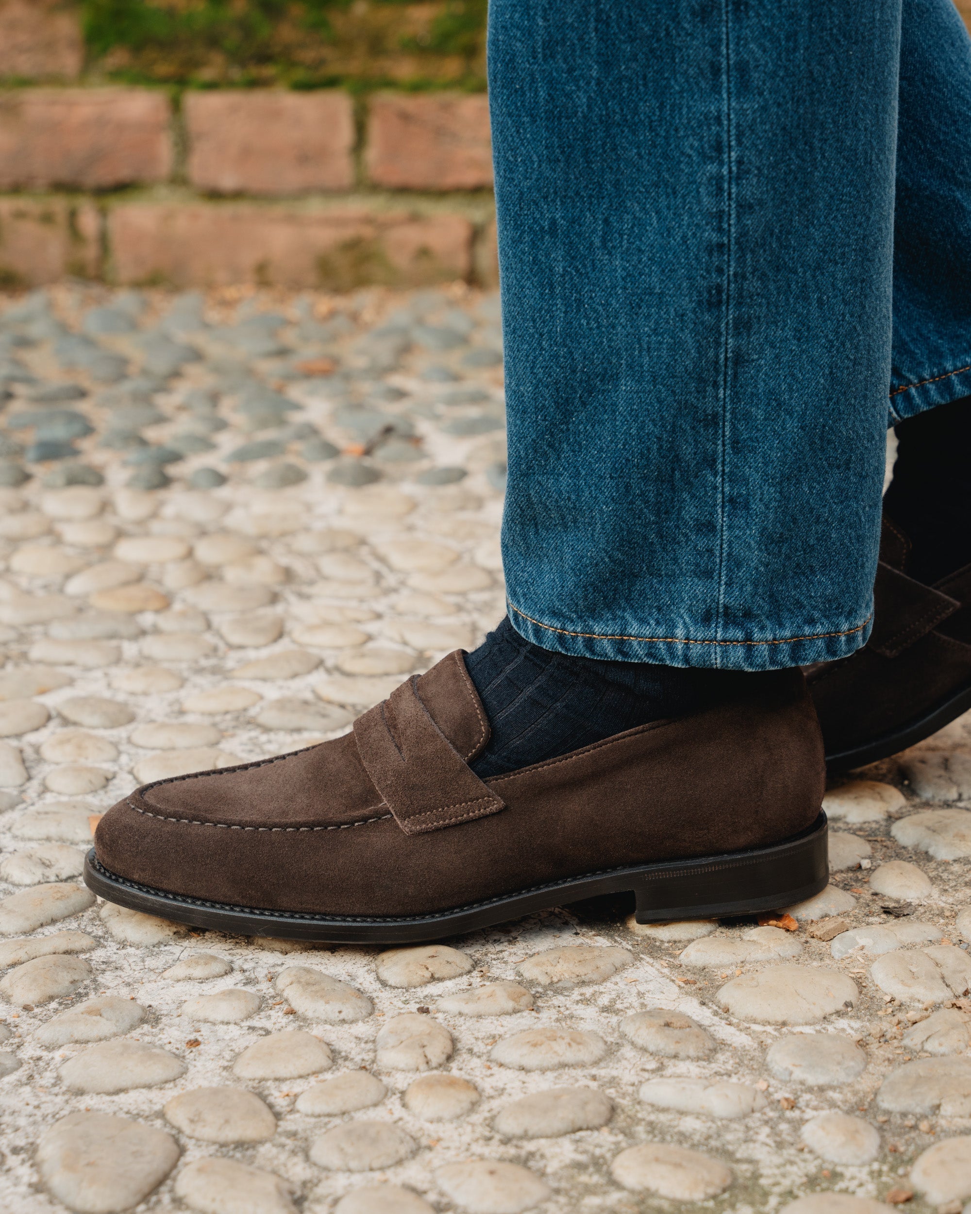 Strider | Penny Loafer – Dark Brown Suede with Leather Sole & Blake-Rapid Construction