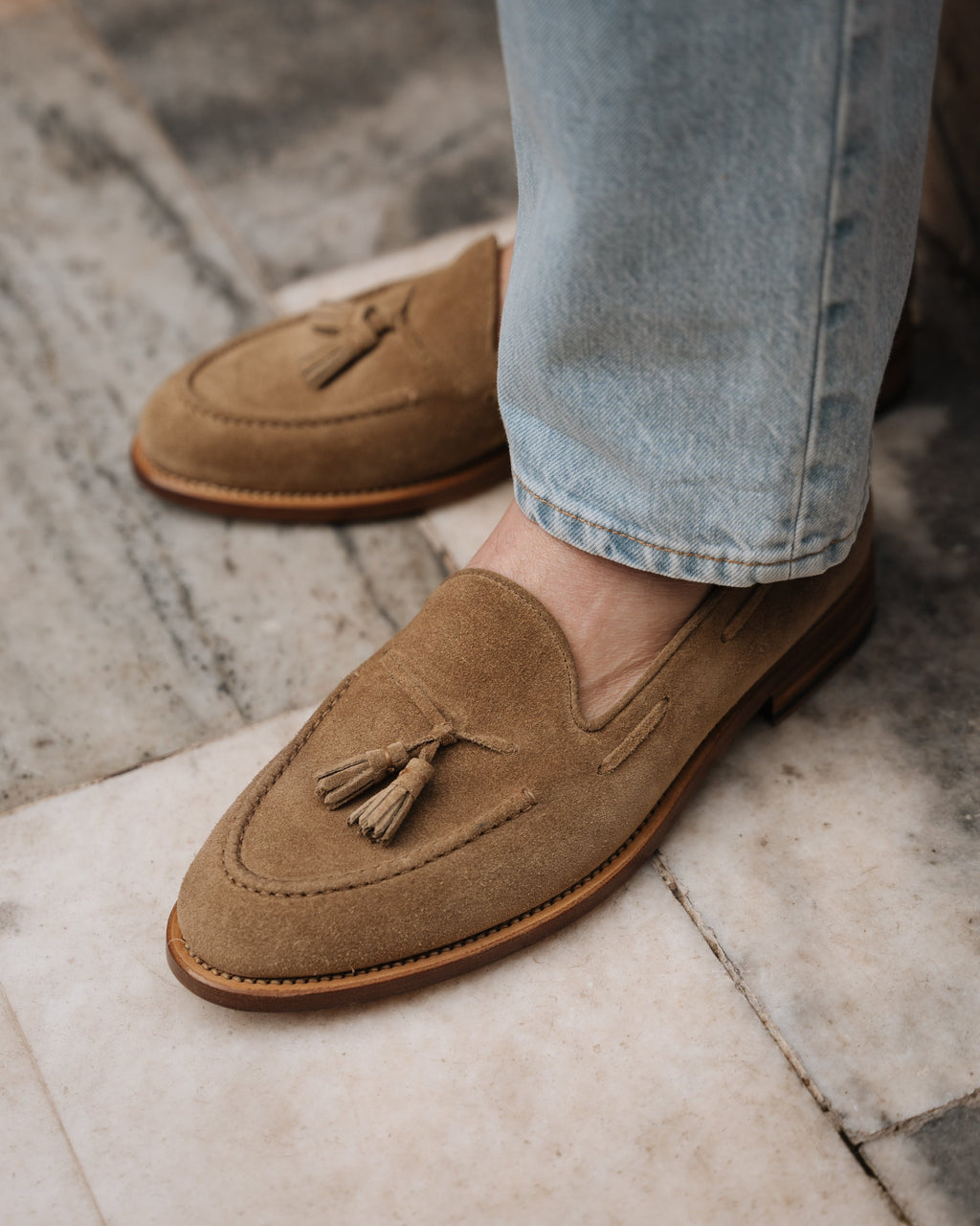 Castello | Tassel Loafer - Sand Beige Suede Leather with Classic Stitching and Leather Sole