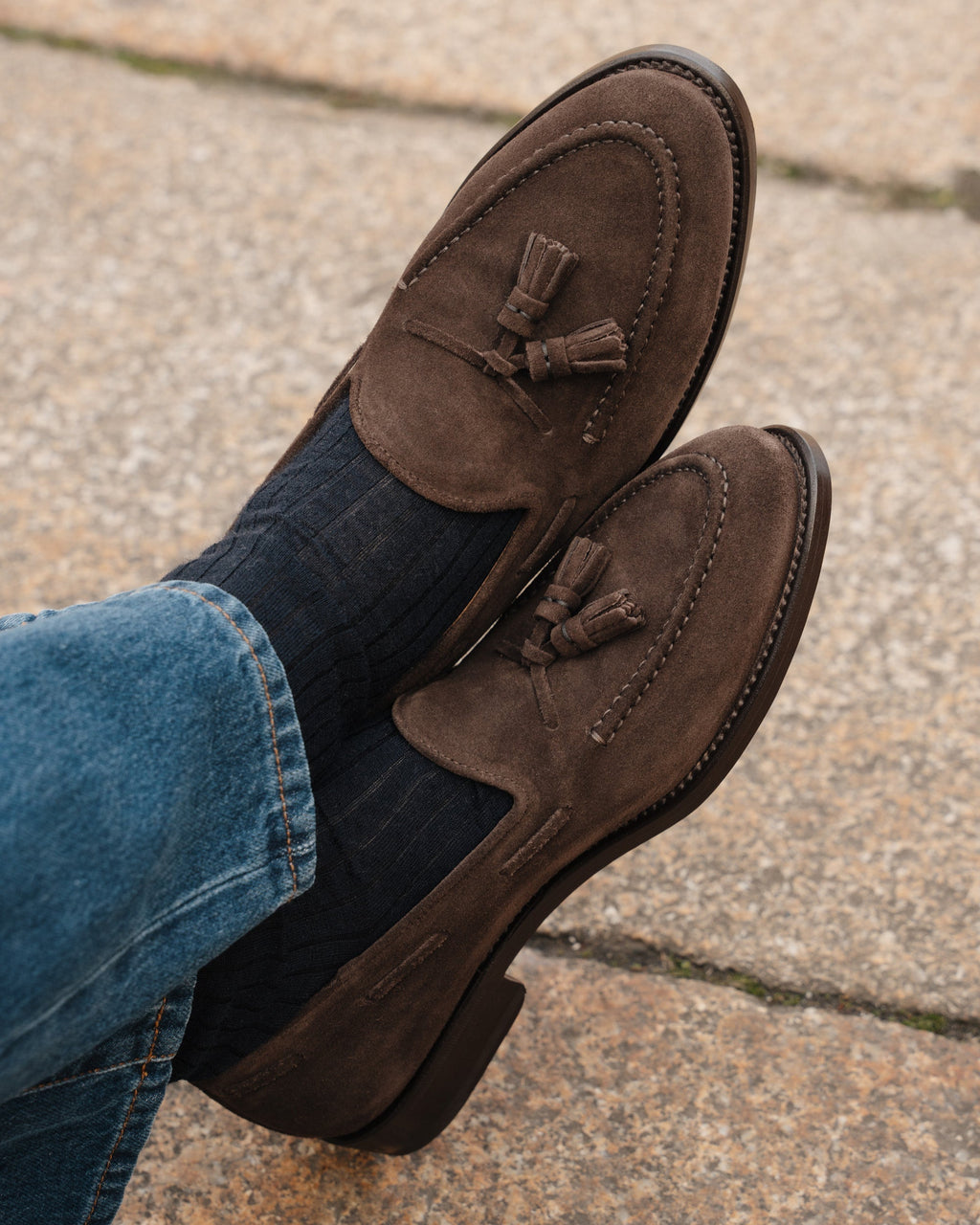 Castello | Tassel Loafer - Dark Brown Suede Leather with Classic Stitching and Leather Sole