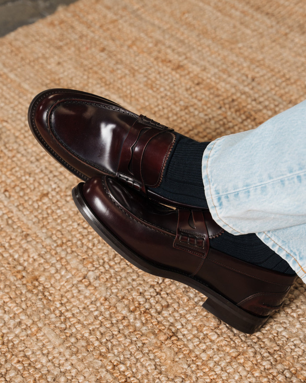 Valentino | Heritage Penny Loafer – Burgundy Brown Smooth Abraded Leather with Premium Leather Sole & Signature Stitch Accents