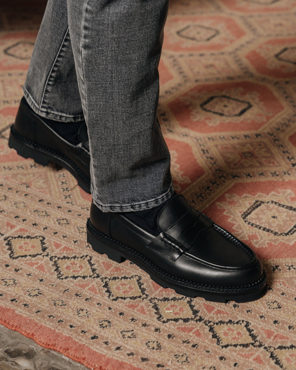 Montclair | Penny Loafer – Black Leather with Rubber Lug Sole & Fine Stitching