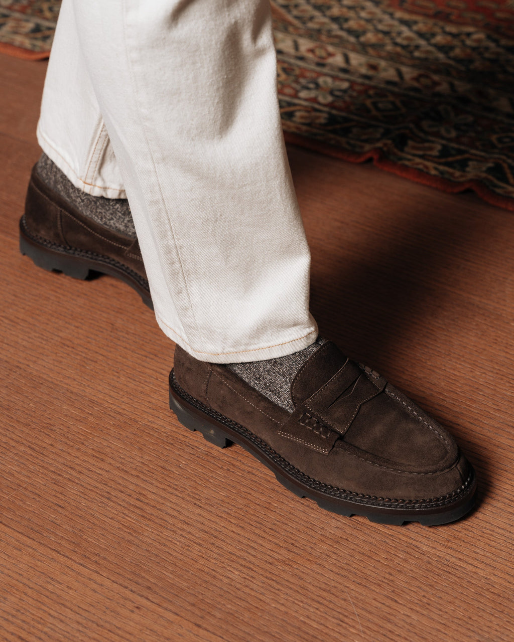 Montclair | Penny Loafer – Dark Brown Suede Leather with Rubber Lug Sole & Fine Stitching