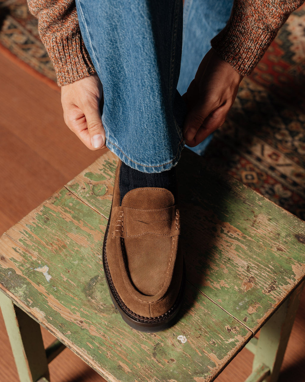 Montclair | Penny Loafer – Rich Tobacco Brown Suede Leather with Rubber Lug Sole & Fine Stitching