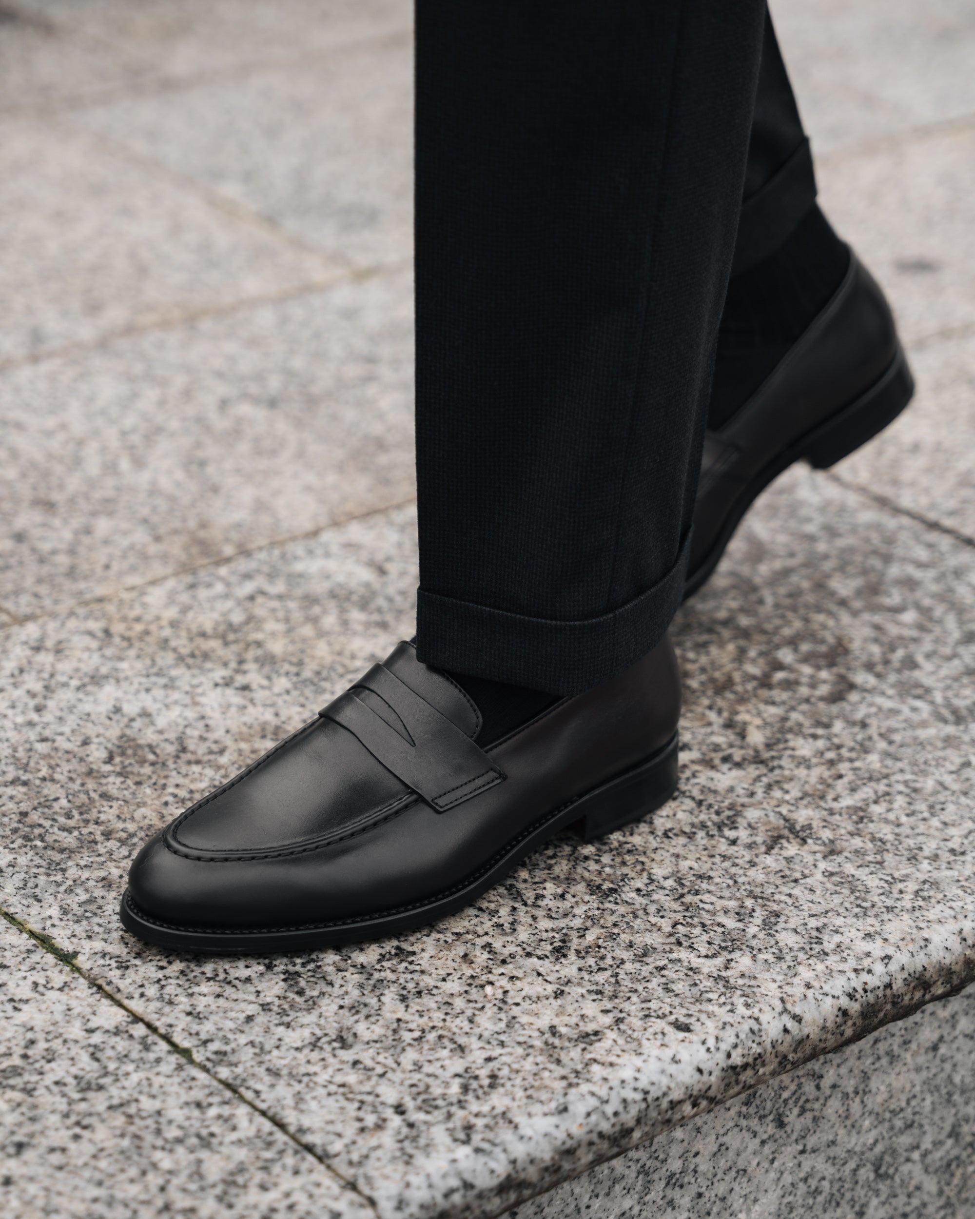 Strider | Penny Loafer – Black Leather with Leather Sole & Blake-Rapid Construction