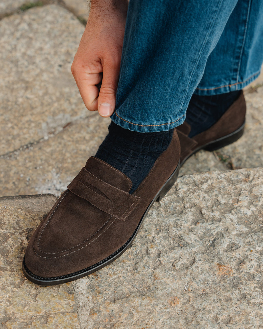 Strider | Penny Loafer – Dark Brown Suede with Leather Sole & Blake-Rapid Construction