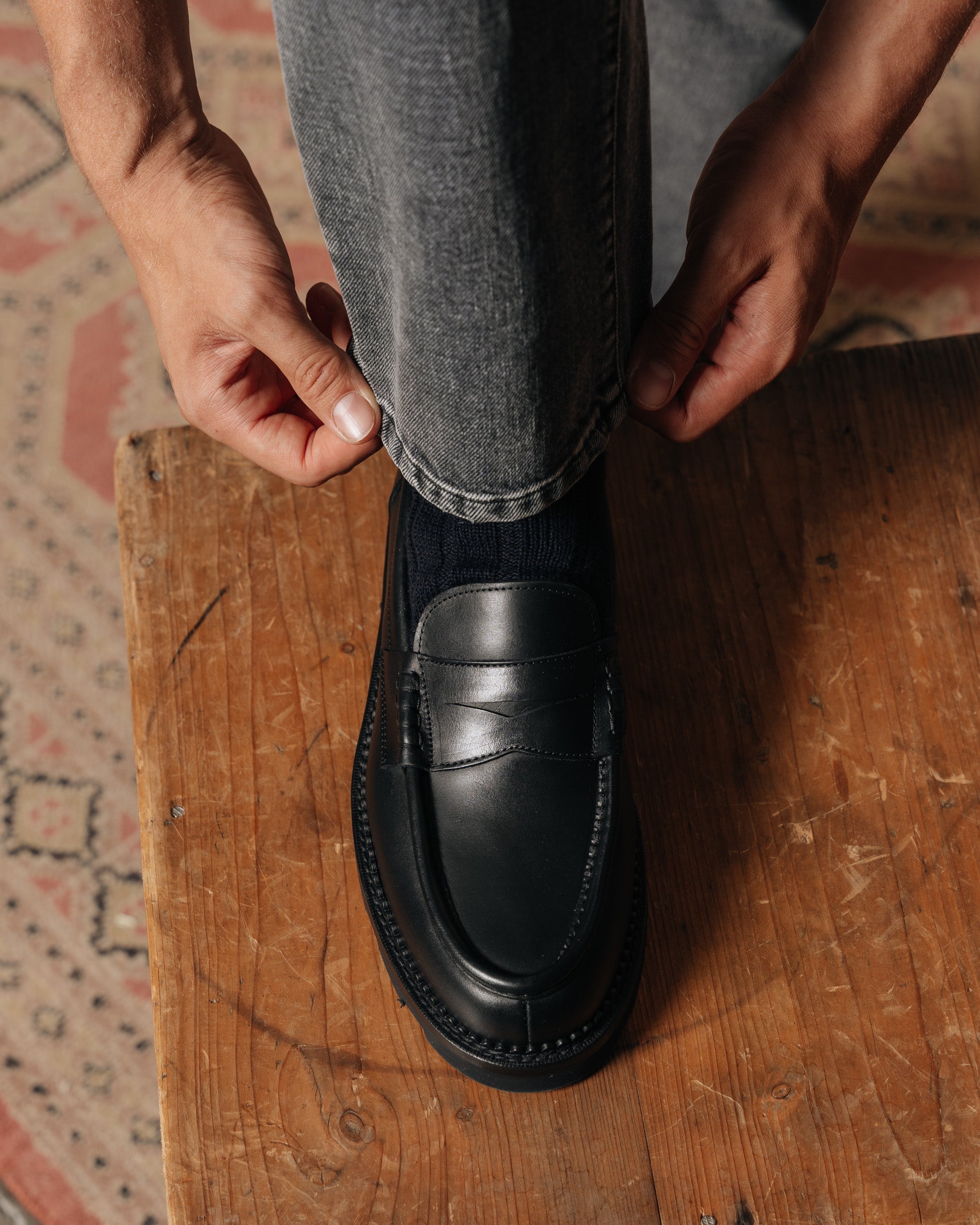 Montclair | Penny Loafer – Black Leather with Rubber Lug Sole & Fine Stitching