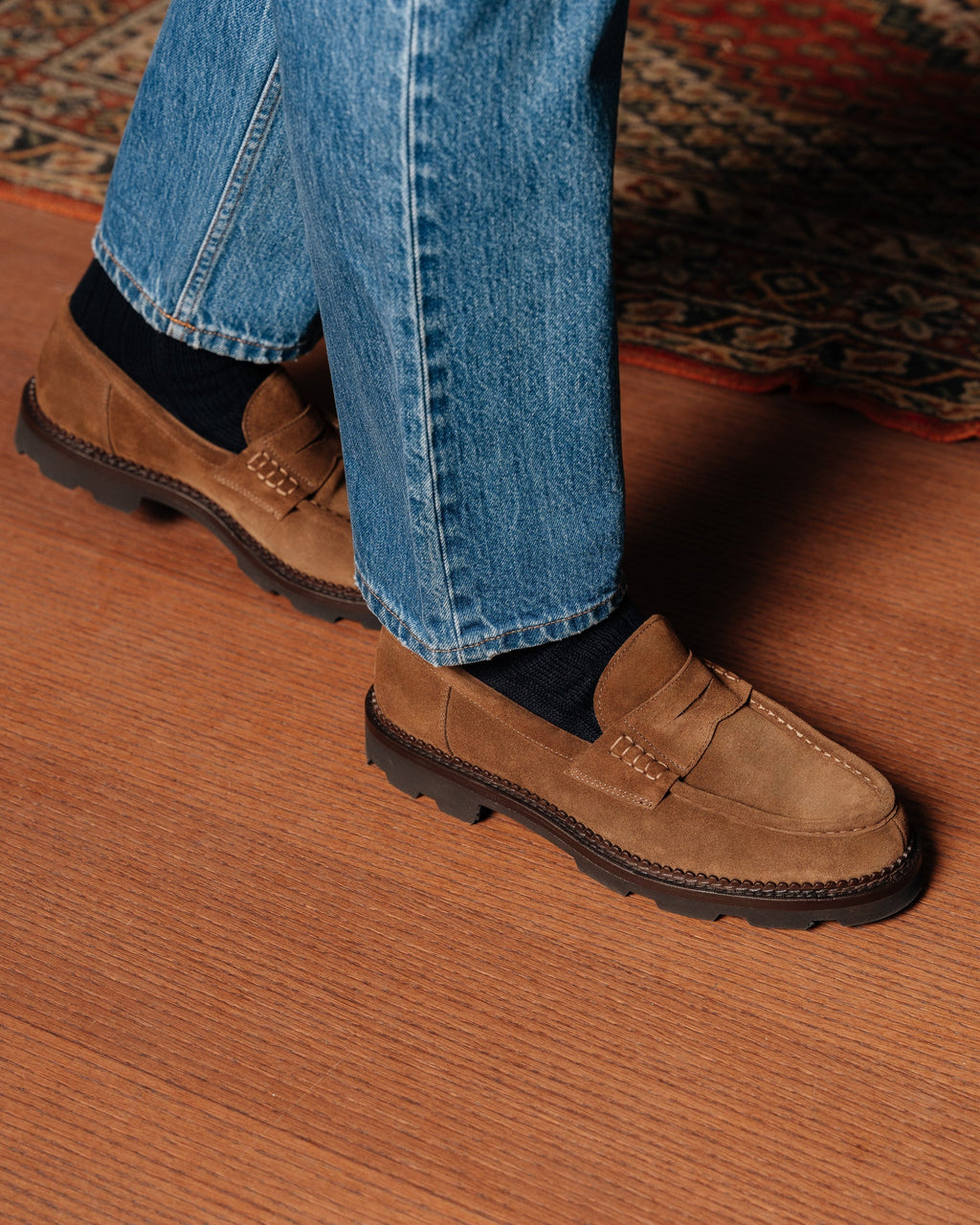 Montclair | Penny Loafer – Rich Tobacco Brown Suede Leather with Rubber Lug Sole & Fine Stitching