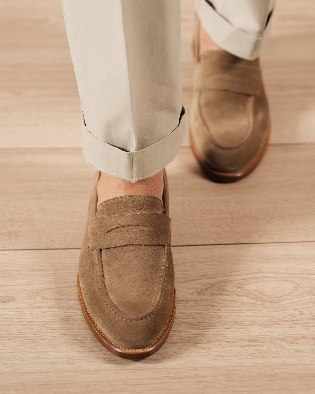 Strider | Penny Loafer – Sand Suede with Leather Sole & Blake-Rapid Construction