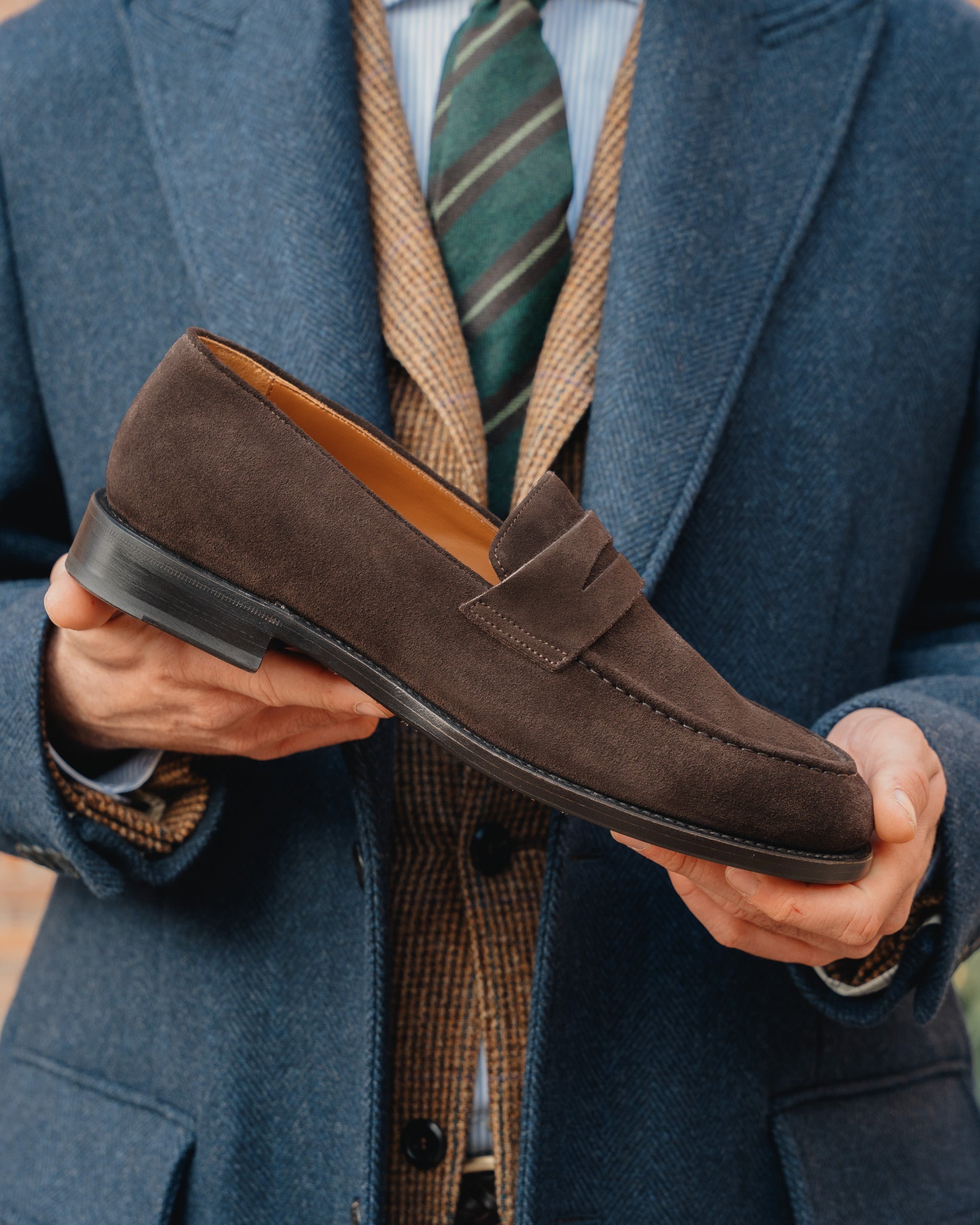 Strider | Penny Loafer – Dark Brown Suede with Leather Sole & Blake-Rapid Construction