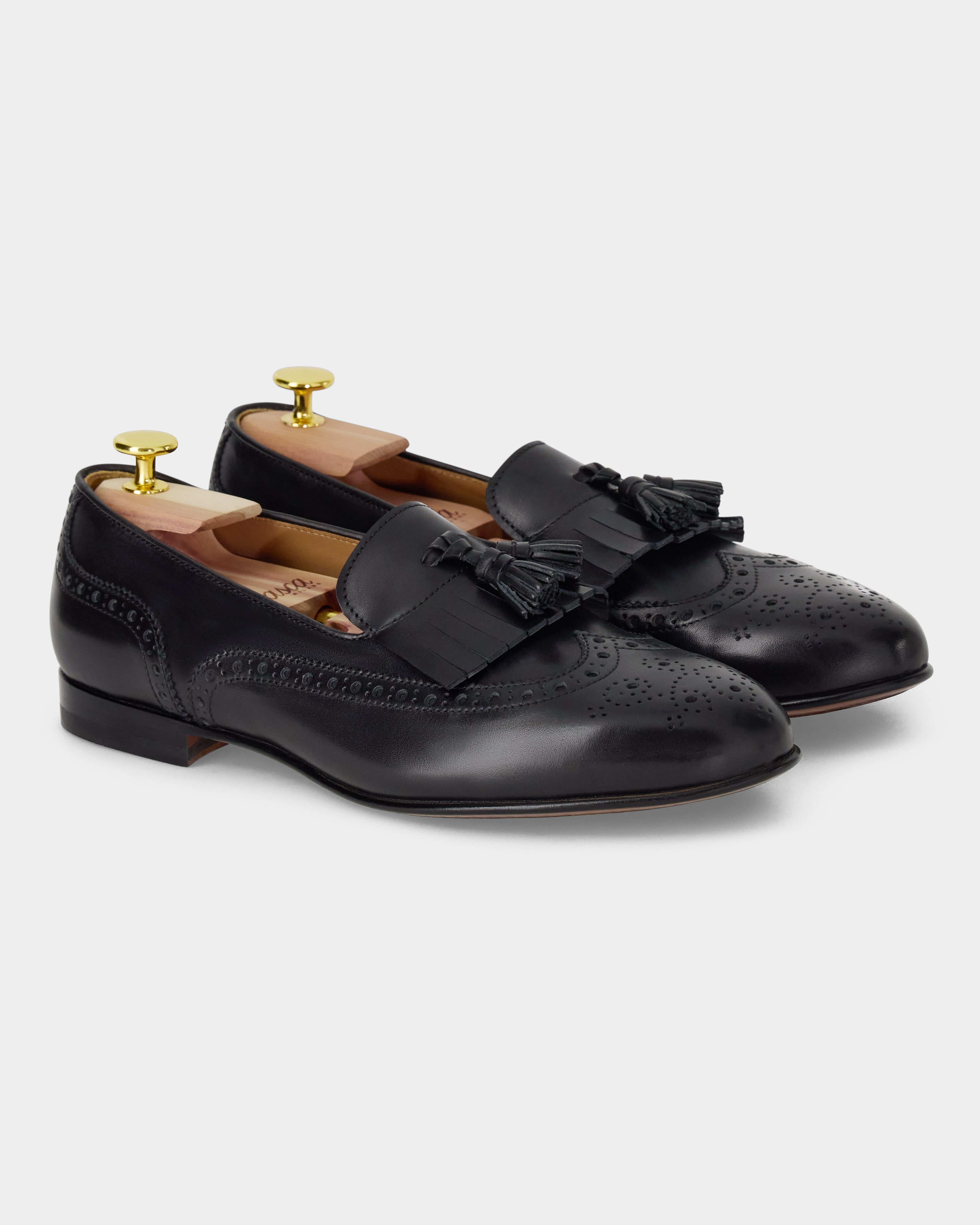 Maruse | Black Antiqued Leather Finish Belgian Tassel Loafer with Leather Sole