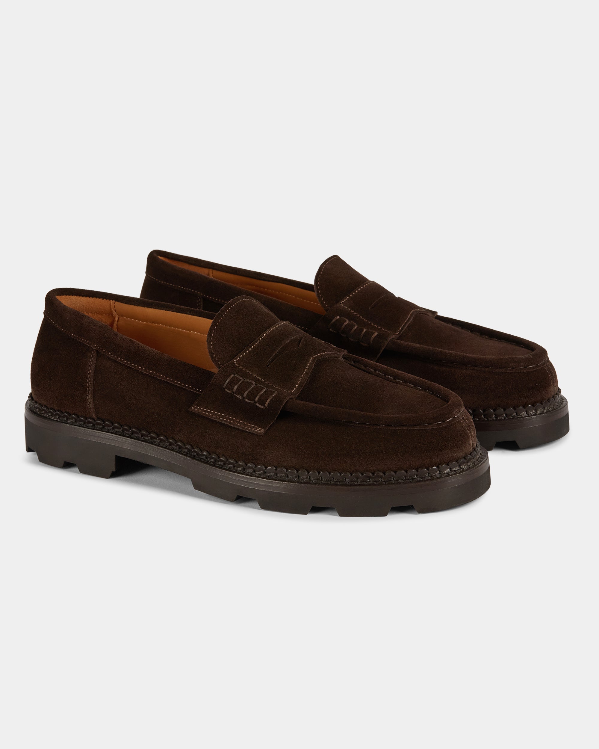 Montclair | Penny Loafer – Dark Brown Suede Leather with Rubber Lug Sole & Fine Stitching